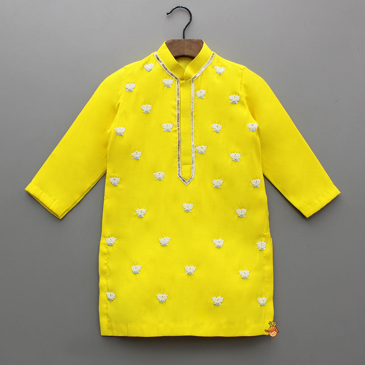 Yellow Lotus Embroidered Kurta With Churidar