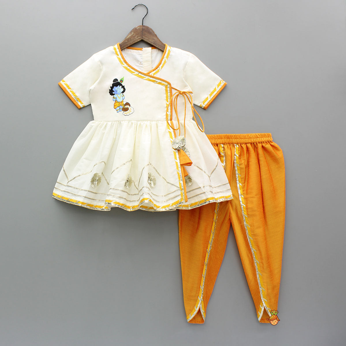 Krishna Hand Painted Top With Lace Work Orange Dhoti