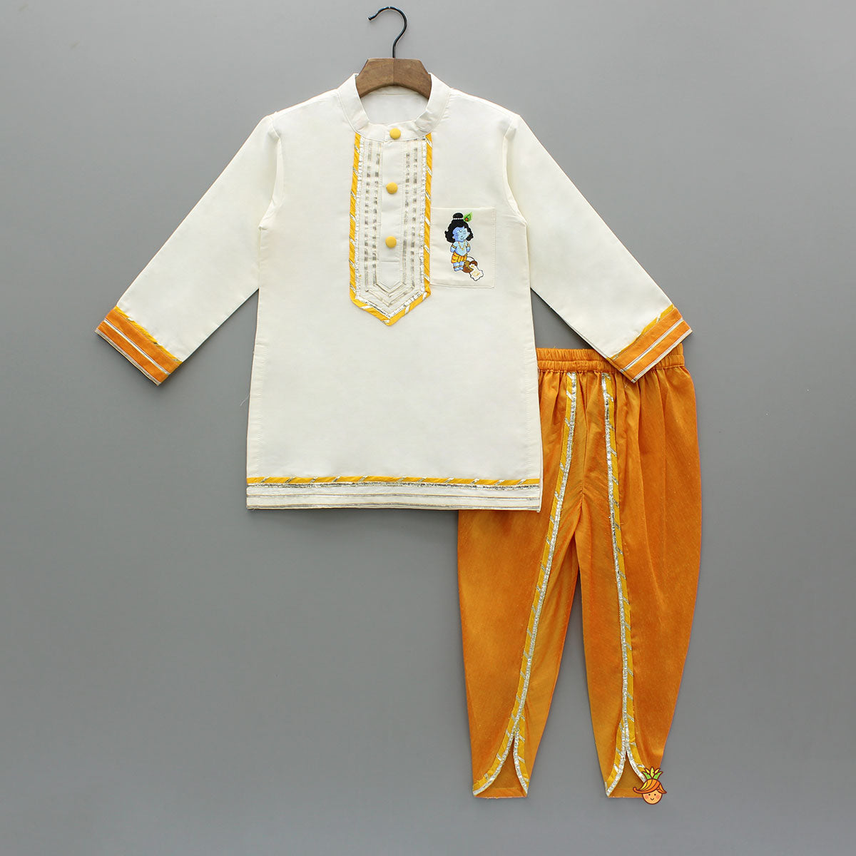 Off White Hand Painted Kurta With Orange Dhoti