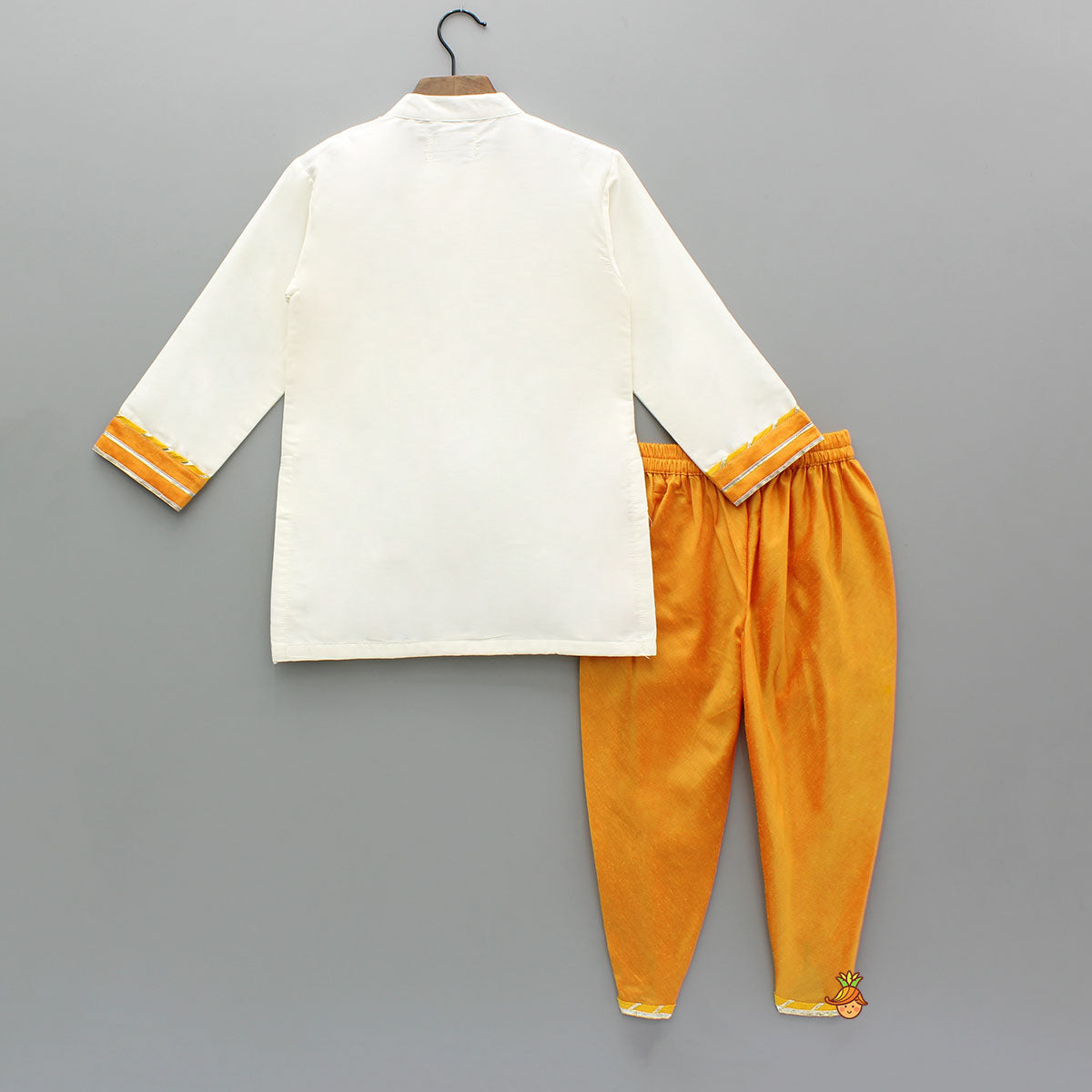 Off White Hand Painted Kurta With Orange Dhoti