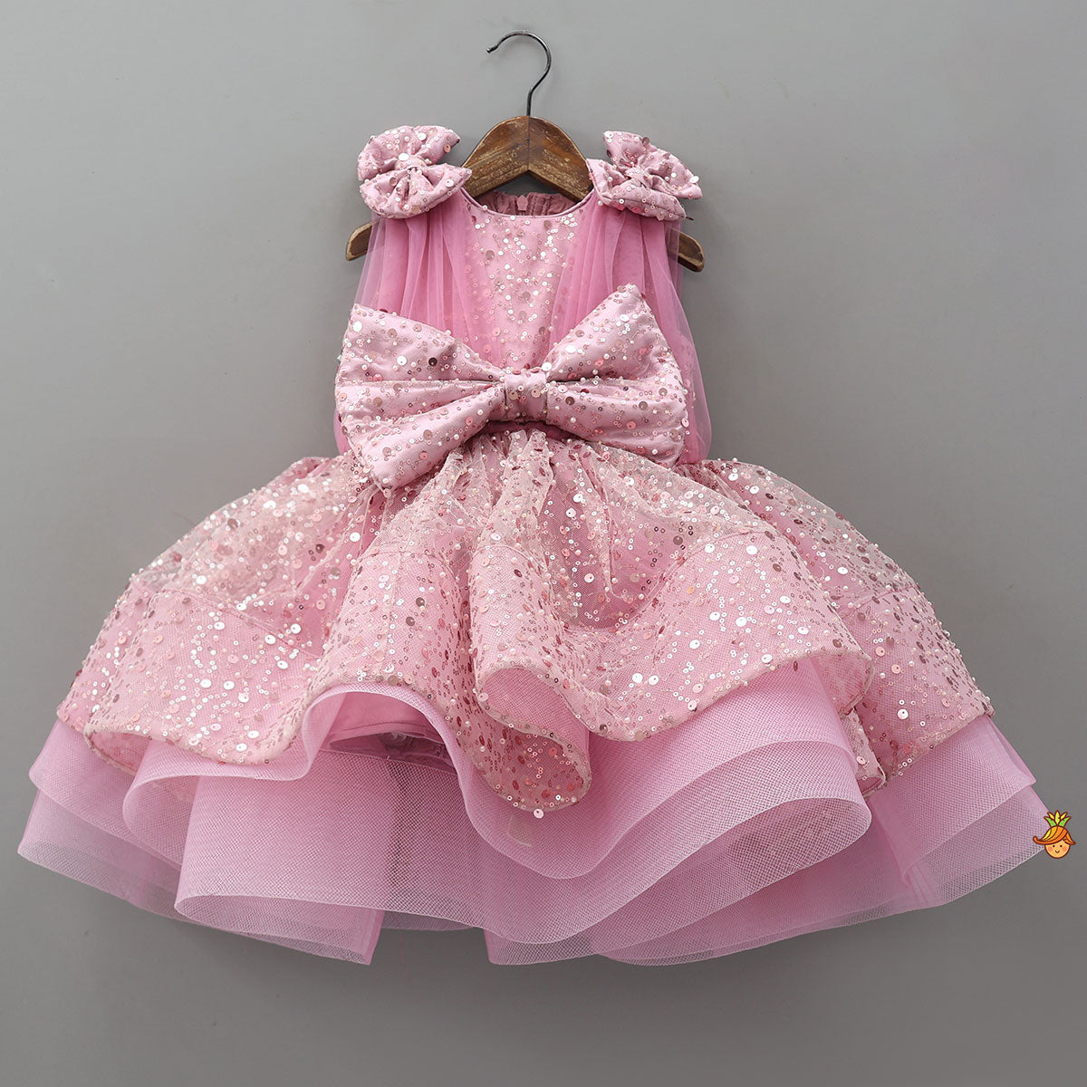 Pink Sequin Embellished Bow Adorned Dress With Matching Hair Clip