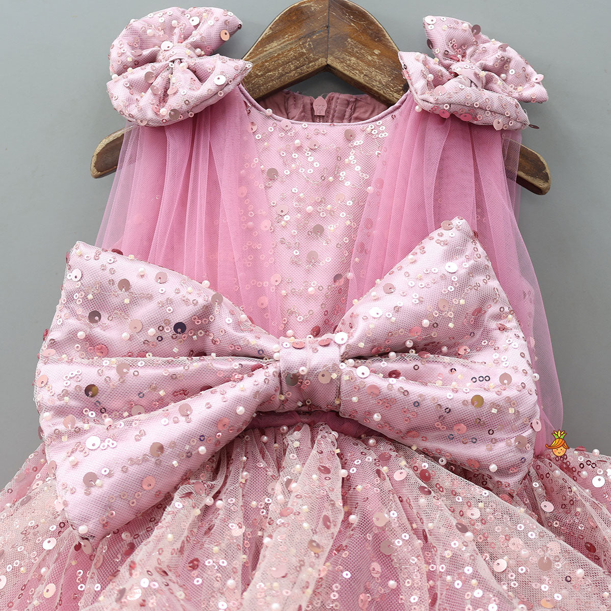 Pink Sequin Embellished Bow Adorned Dress With Matching Hair Clip