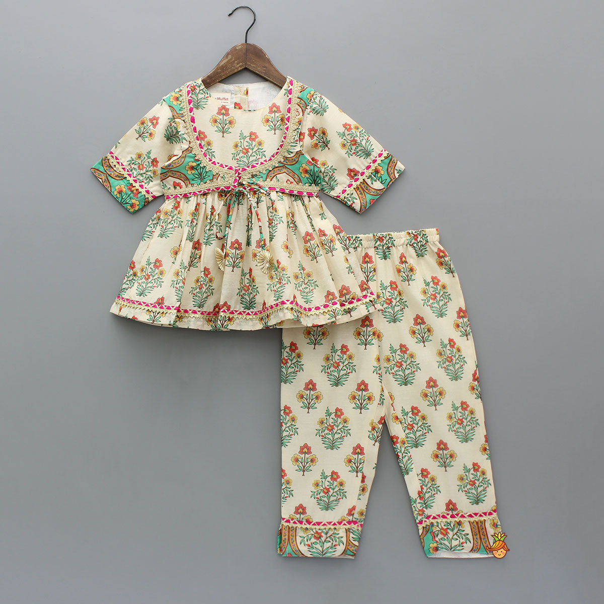 Multicolour Floral Printed Top With Front Knot Detail Jacket And Pant