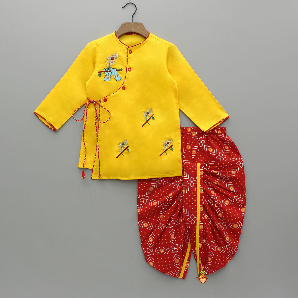 Yellow Thread Embroidered Kurta With Bandhani Print Dhoti