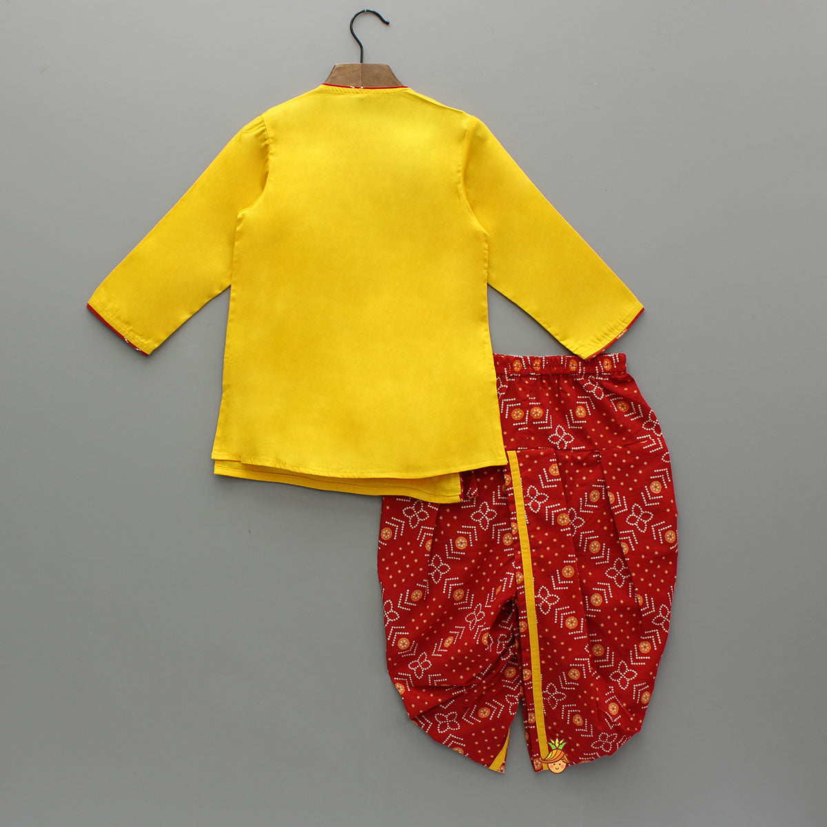 Yellow Thread Embroidered Kurta With Bandhani Print Dhoti