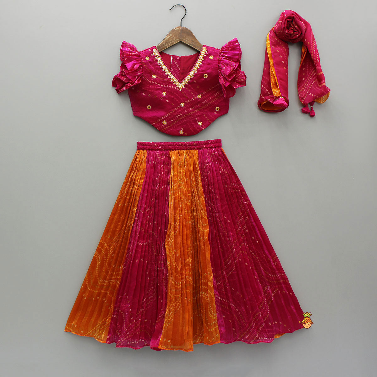 Tissue Flowy Bandhani Top With Lehenga And Dupatta
