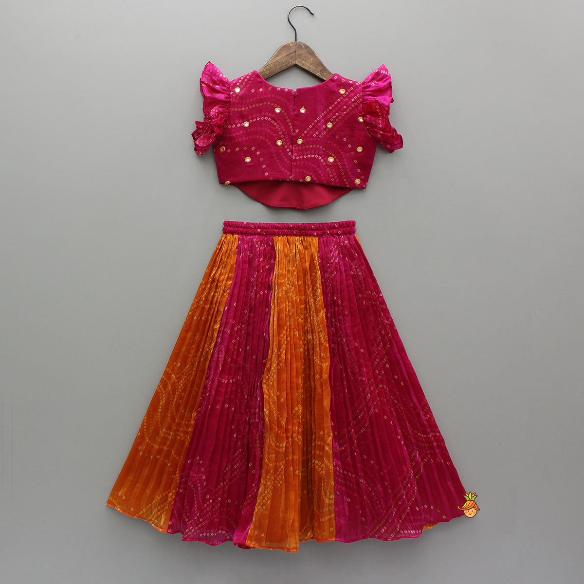 Tissue Flowy Bandhani Top With Lehenga And Dupatta