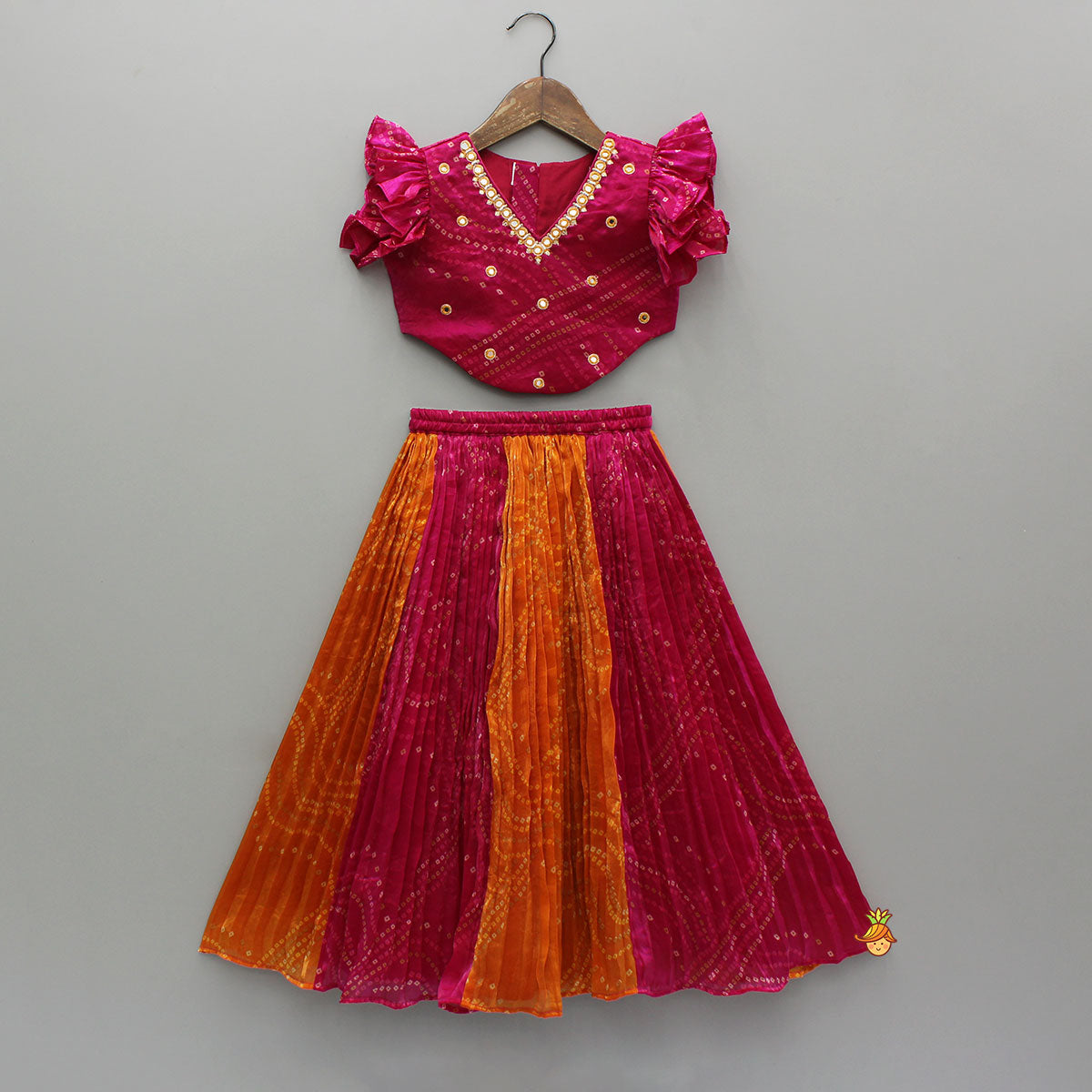 Tissue Flowy Bandhani Top With Lehenga And Dupatta