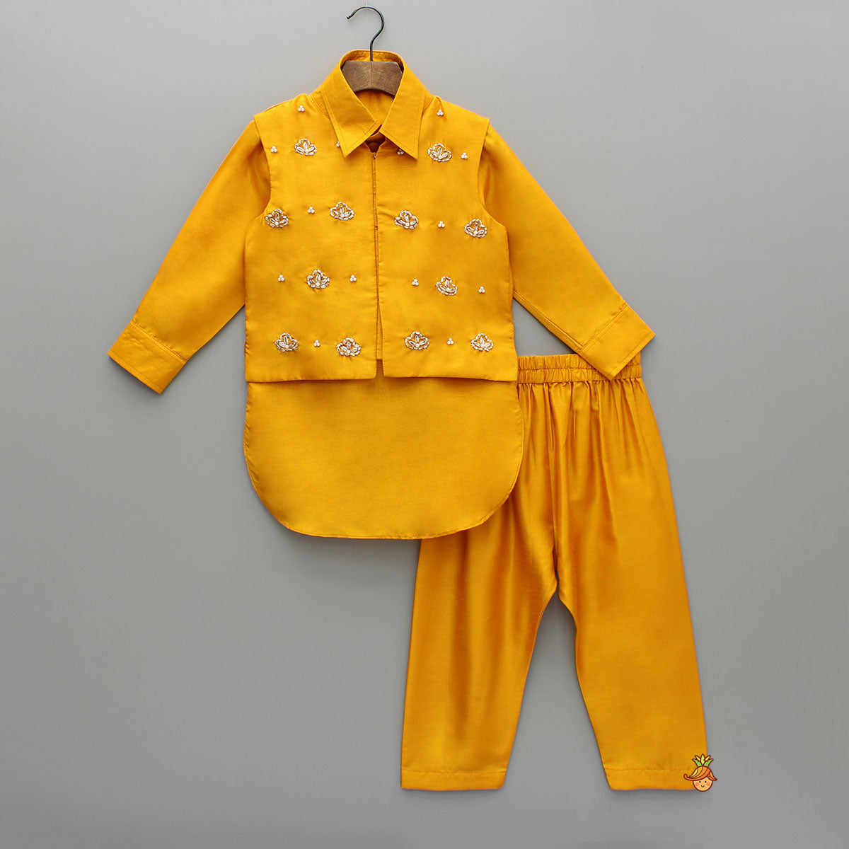 Collar-Neck Mustard Kurta With Embroidered Jacket And Pyjama