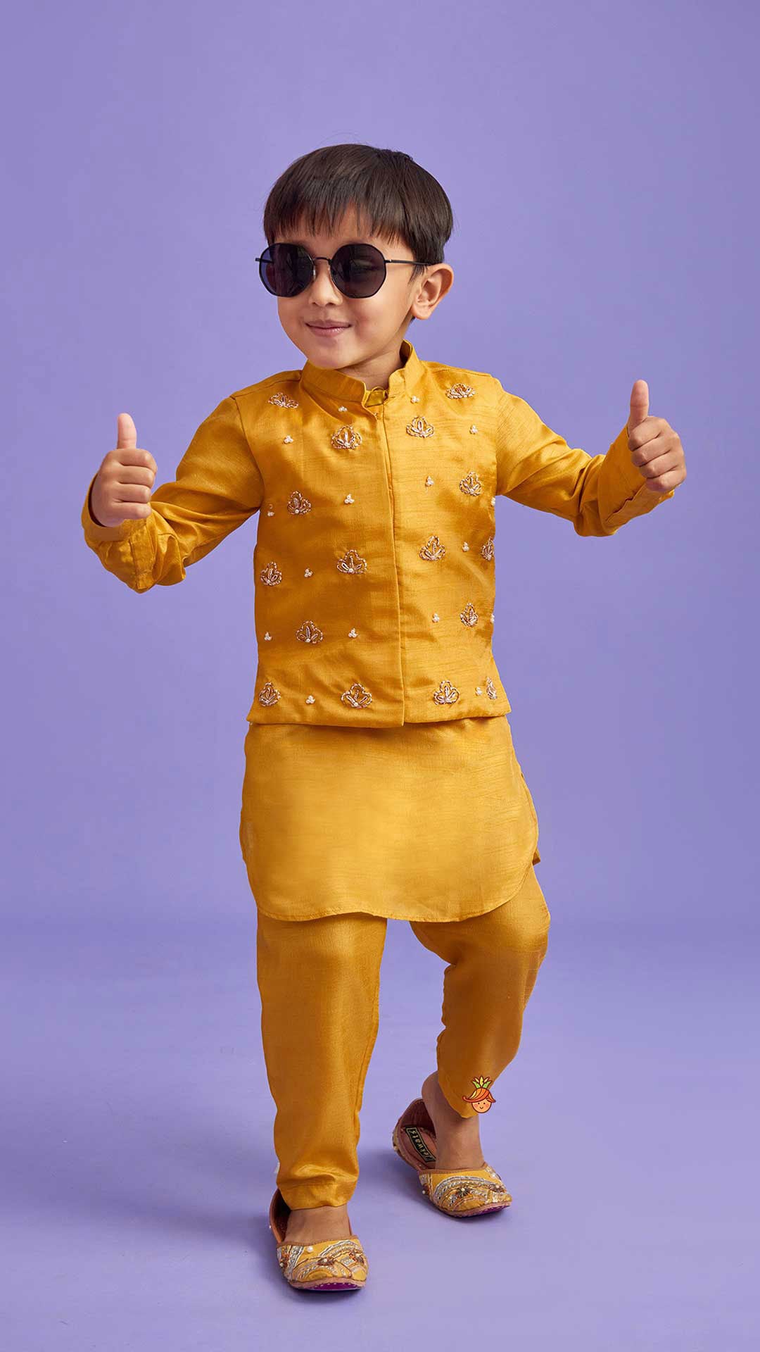 Collar-Neck Mustard Kurta With Embroidered Jacket And Pyjama