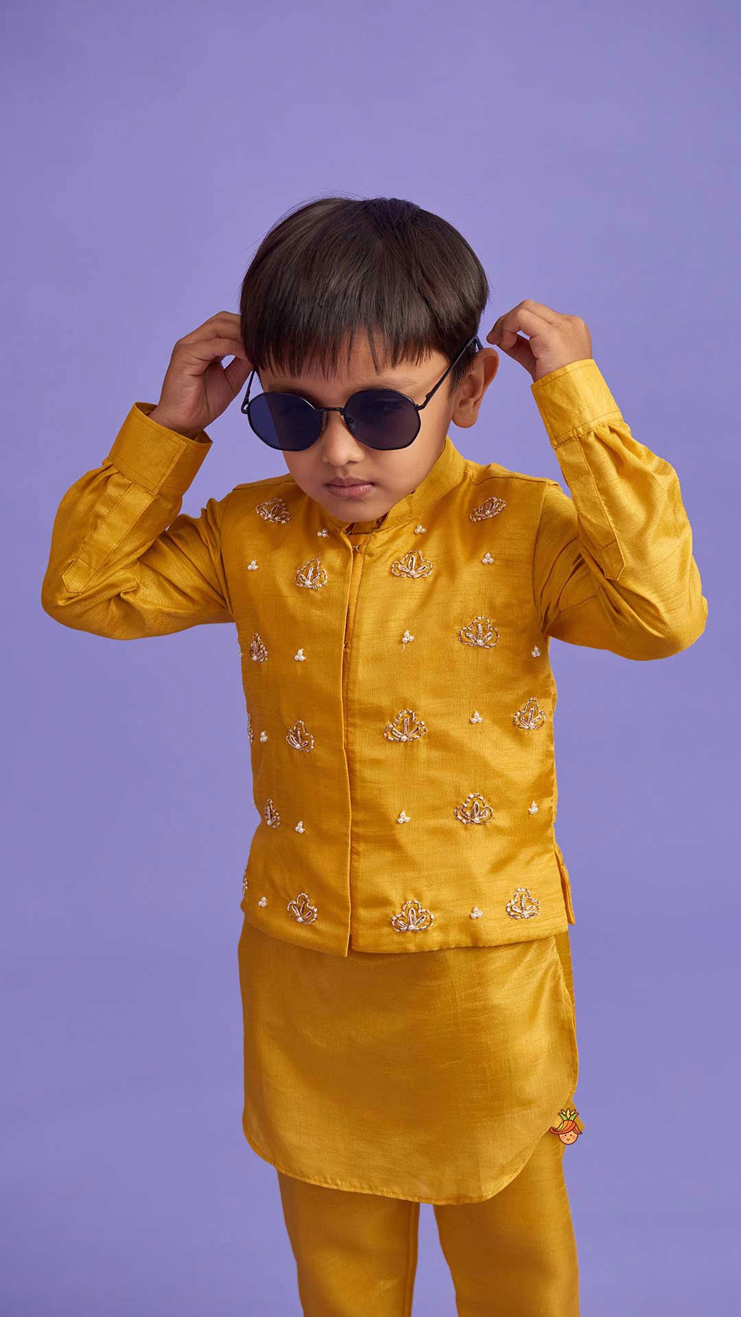 Collar-Neck Mustard Kurta With Embroidered Jacket And Pyjama
