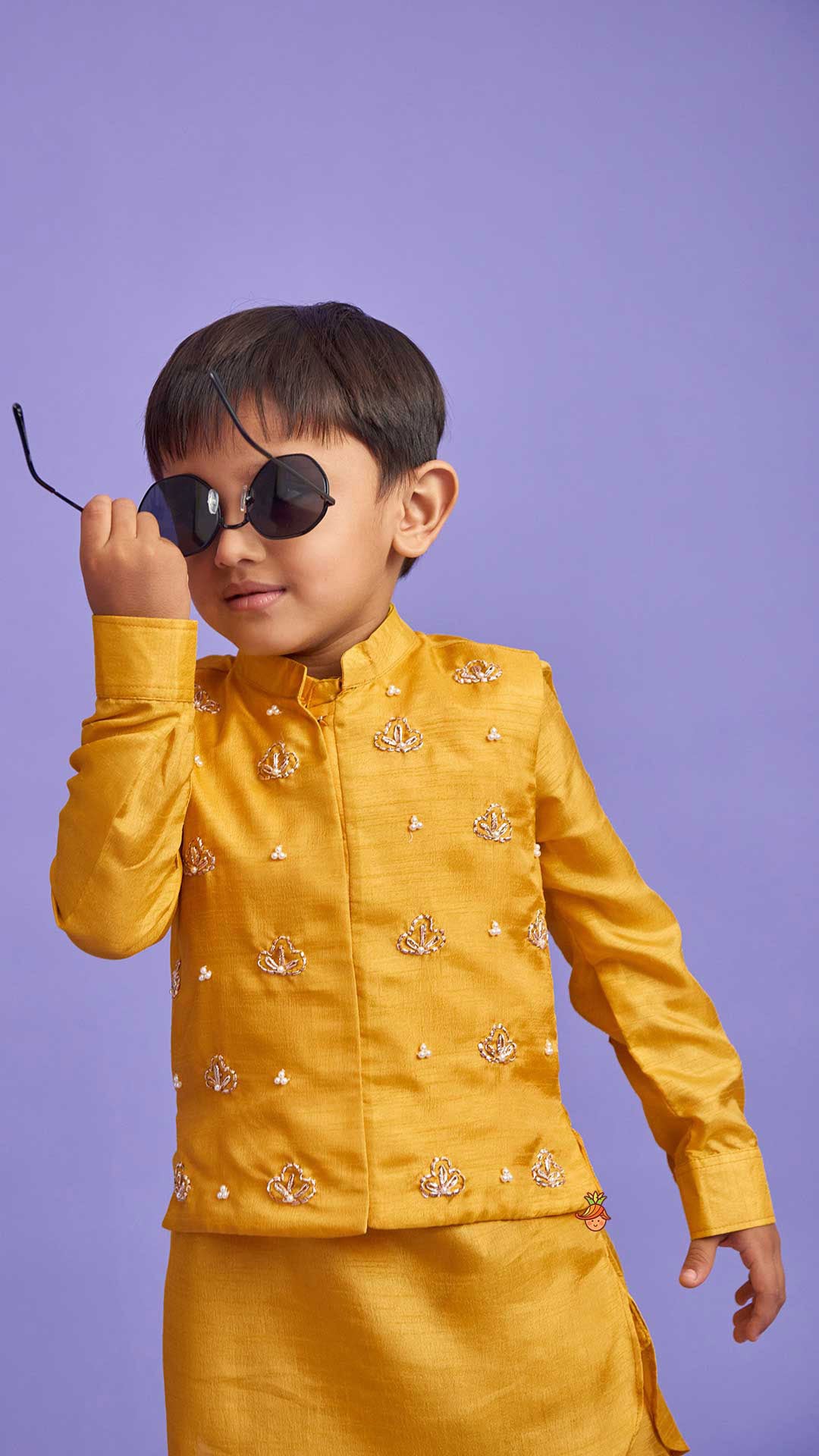 Collar-Neck Mustard Kurta With Embroidered Jacket And Pyjama