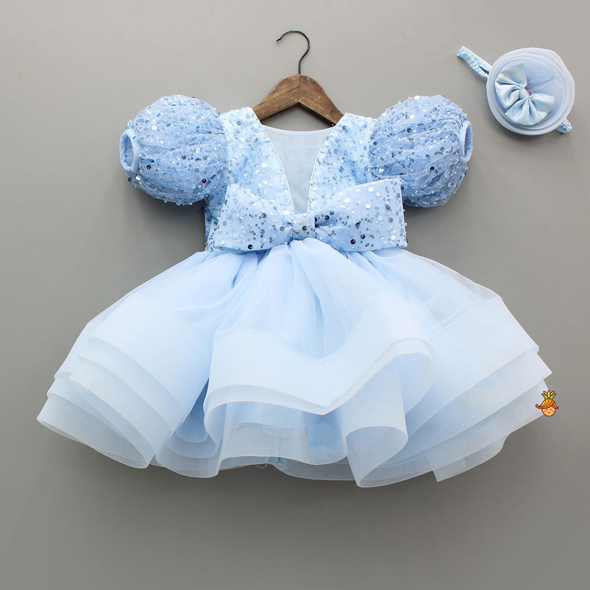Pretty Blue Sequin Embellished Layered Bow Dress With Bow Head Band And Detachable Bow
