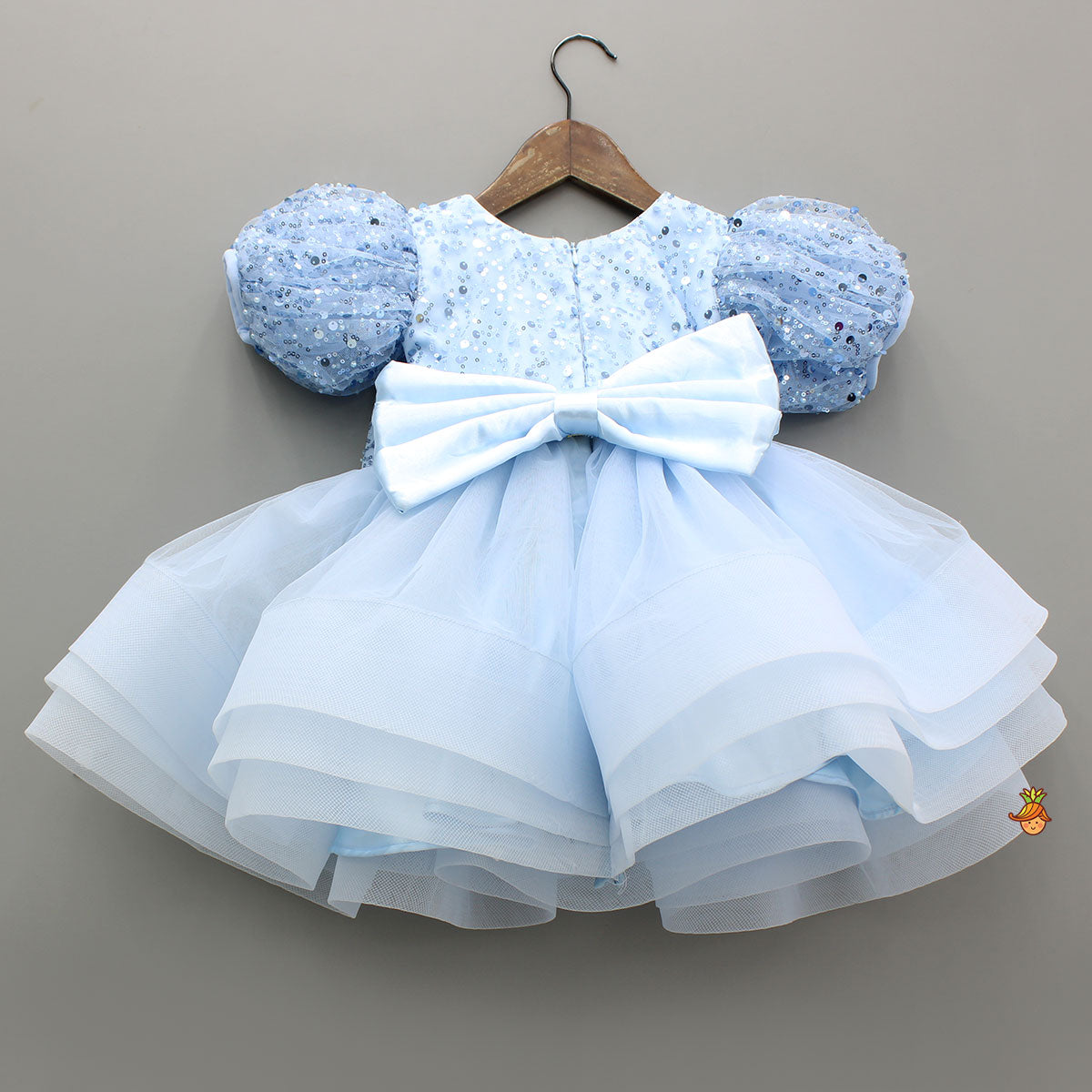 Pretty Blue Sequin Embellished Layered Bow Dress With Bow Head Band And Detachable Bow