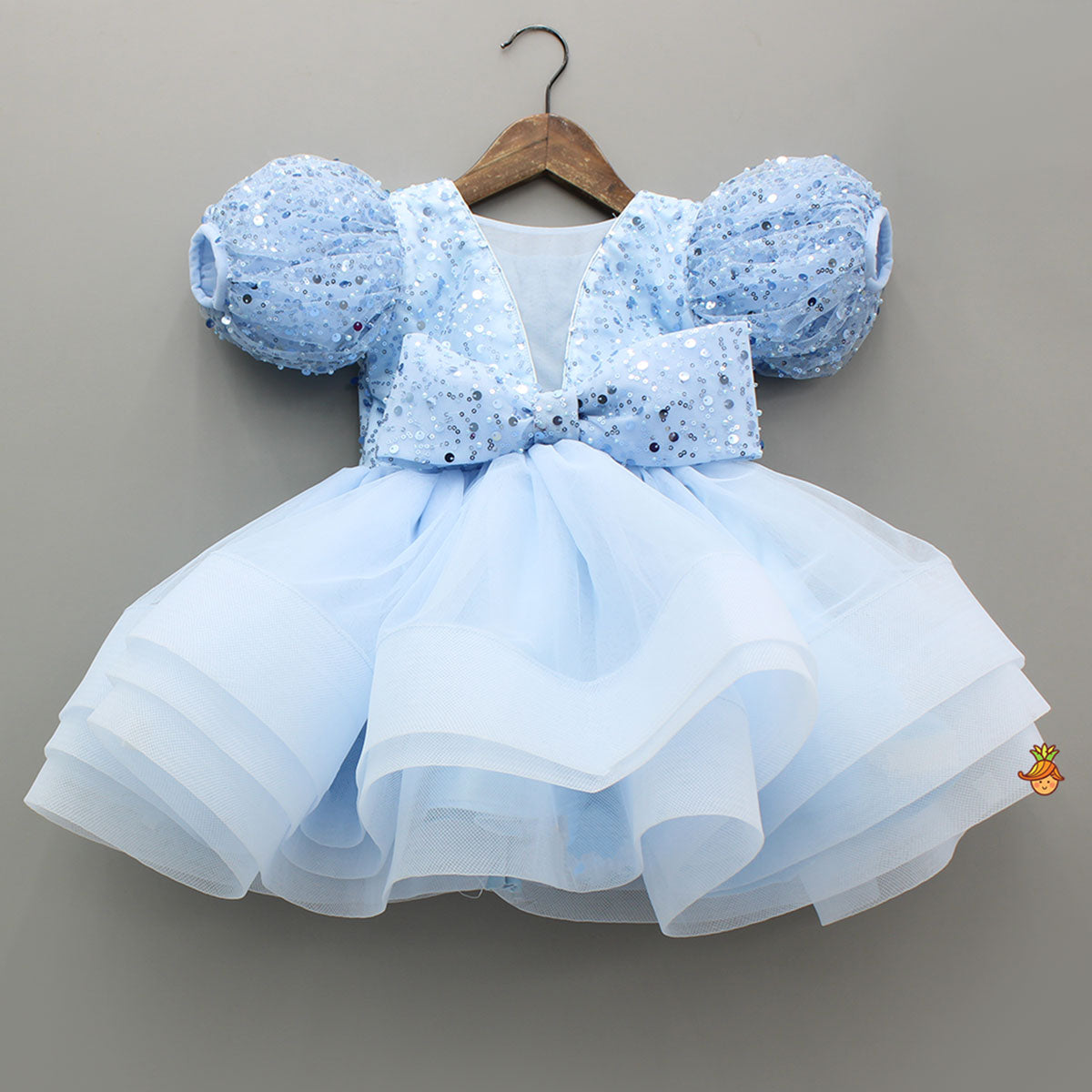 Pretty Blue Sequin Embellished Layered Bow Dress With Bow Head Band And Detachable Bow