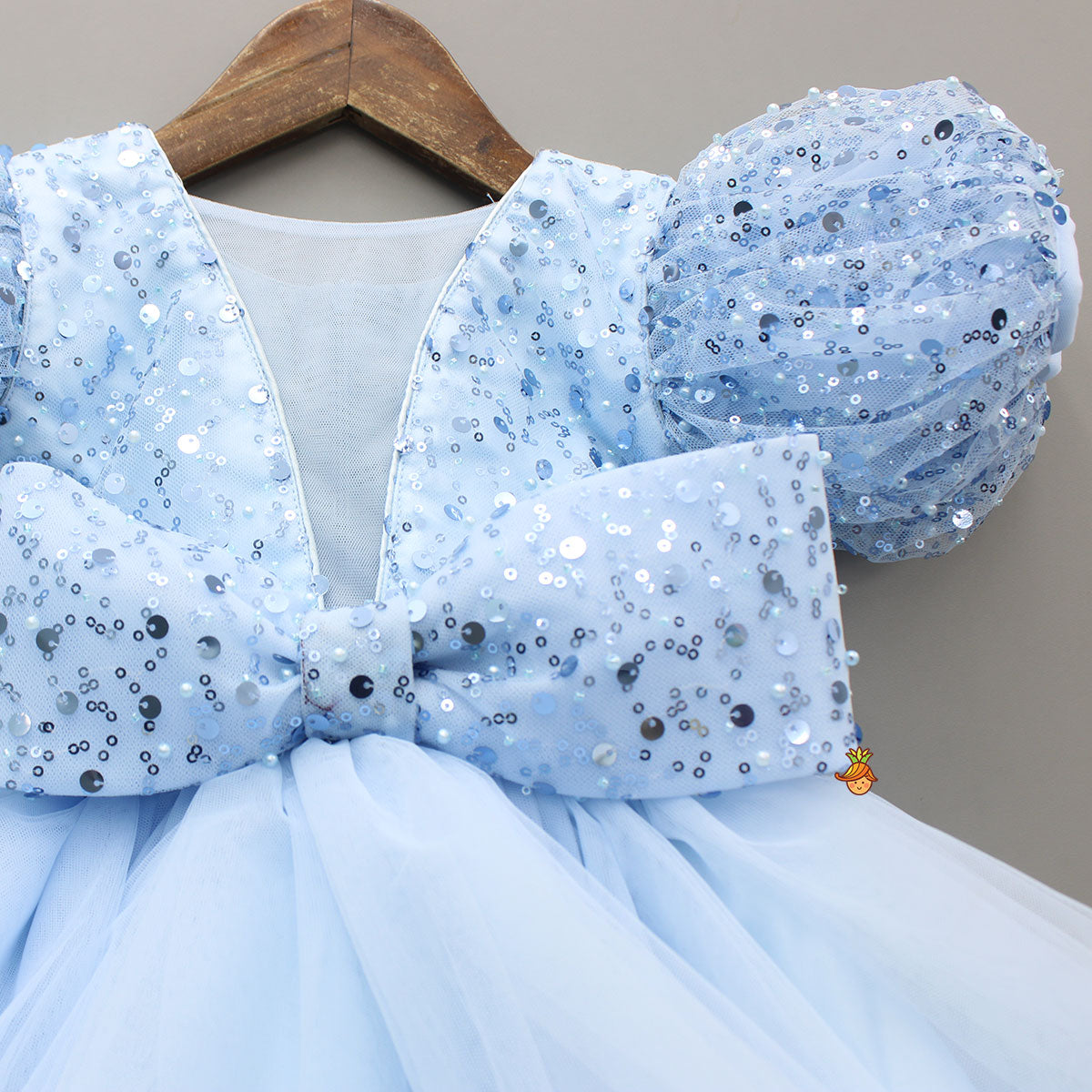 Pretty Blue Sequin Embellished Layered Bow Dress With Bow Head Band And Detachable Bow