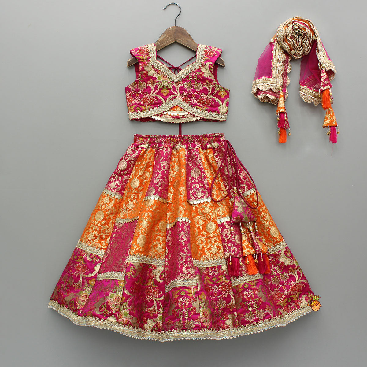 Stylish Brocade Multicolour Top And Lehenga With Net Dupatta
