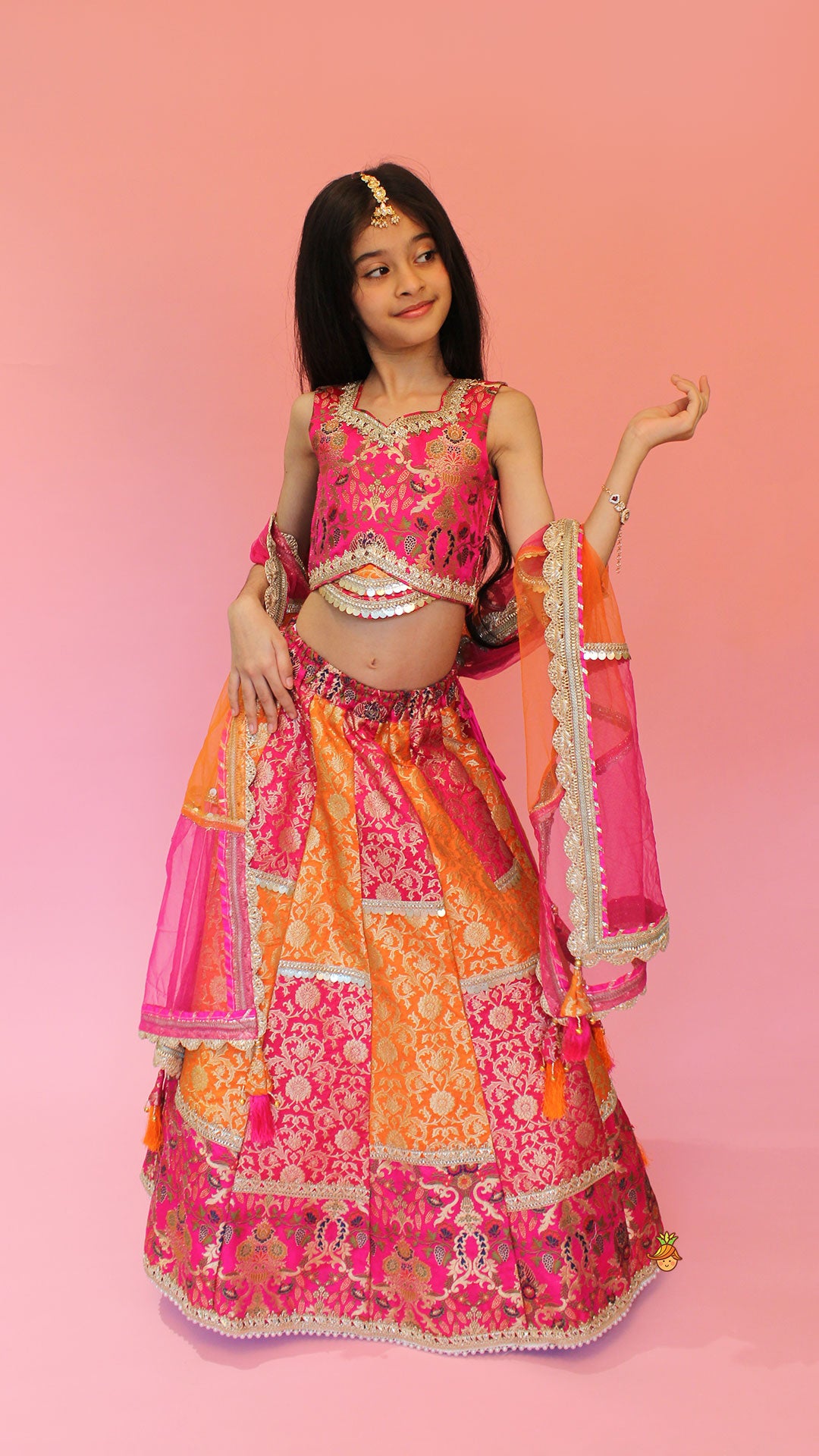 Stylish Brocade Multicolour Top And Lehenga With Net Dupatta