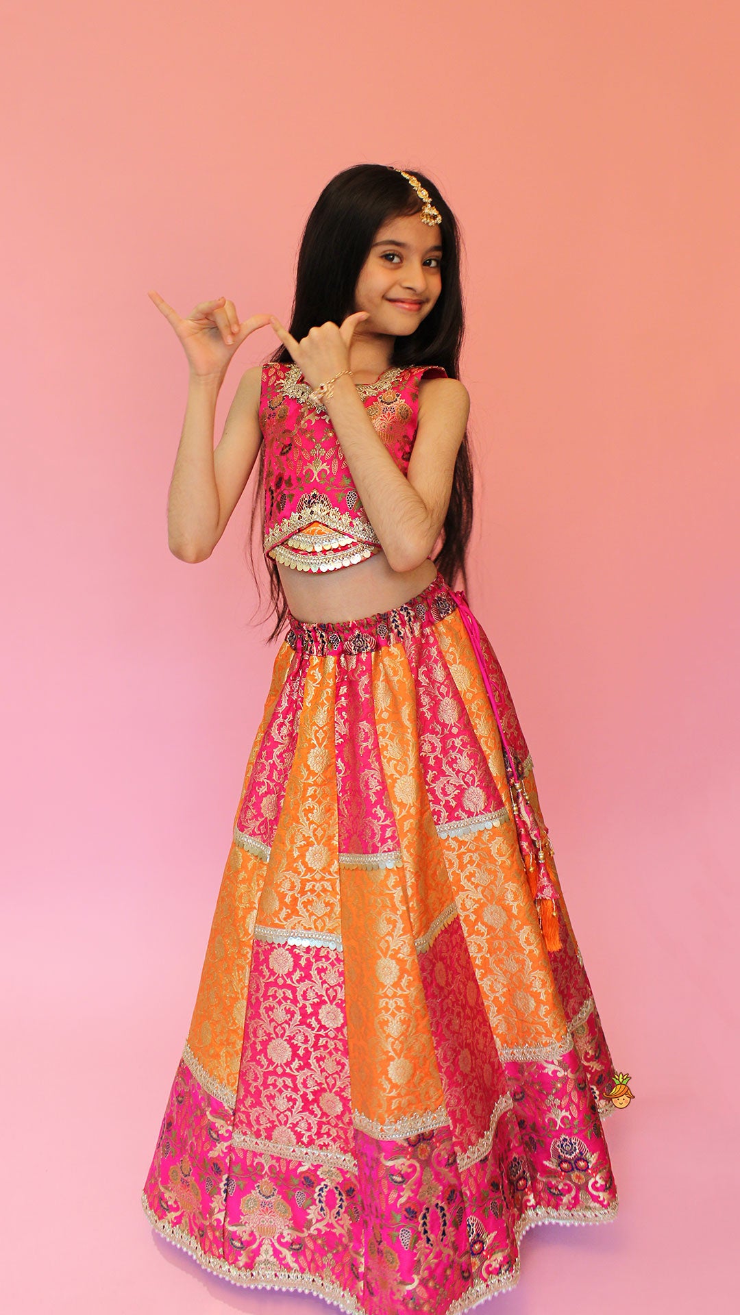 Stylish Brocade Multicolour Top And Lehenga With Net Dupatta