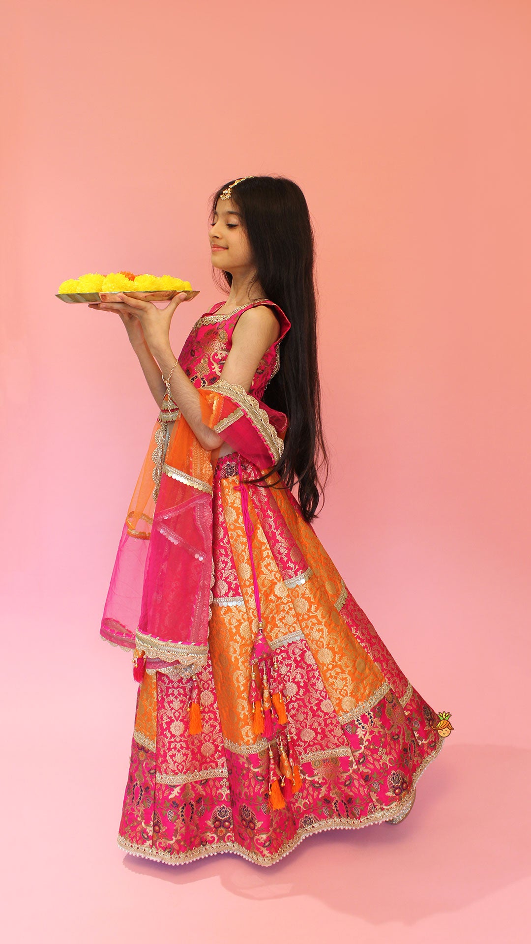 Stylish Brocade Multicolour Top And Lehenga With Net Dupatta