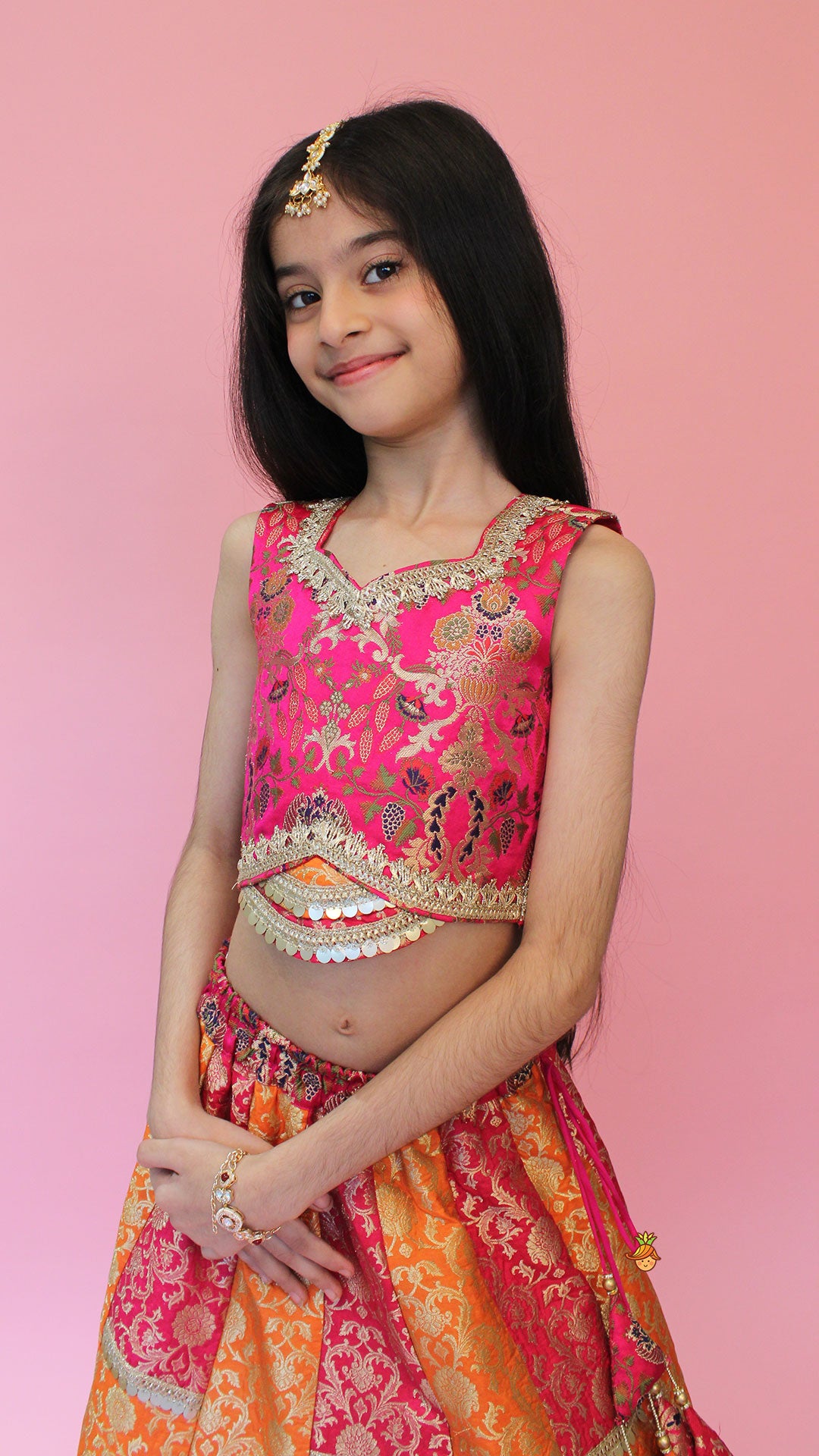 Stylish Brocade Multicolour Top And Lehenga With Net Dupatta
