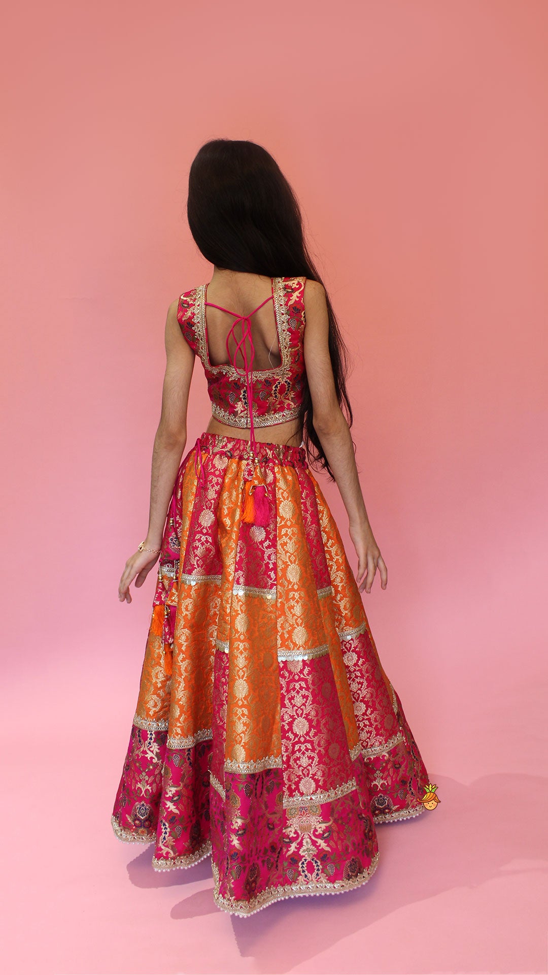 Stylish Brocade Multicolour Top And Lehenga With Net Dupatta