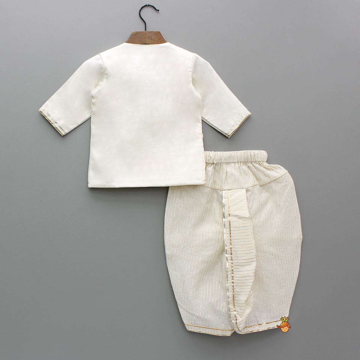 Beautiful Krishna Hand-Painted Off-White Kurta And Lurex Striped Dhoti With Mor Pankh Mukut And Basuri