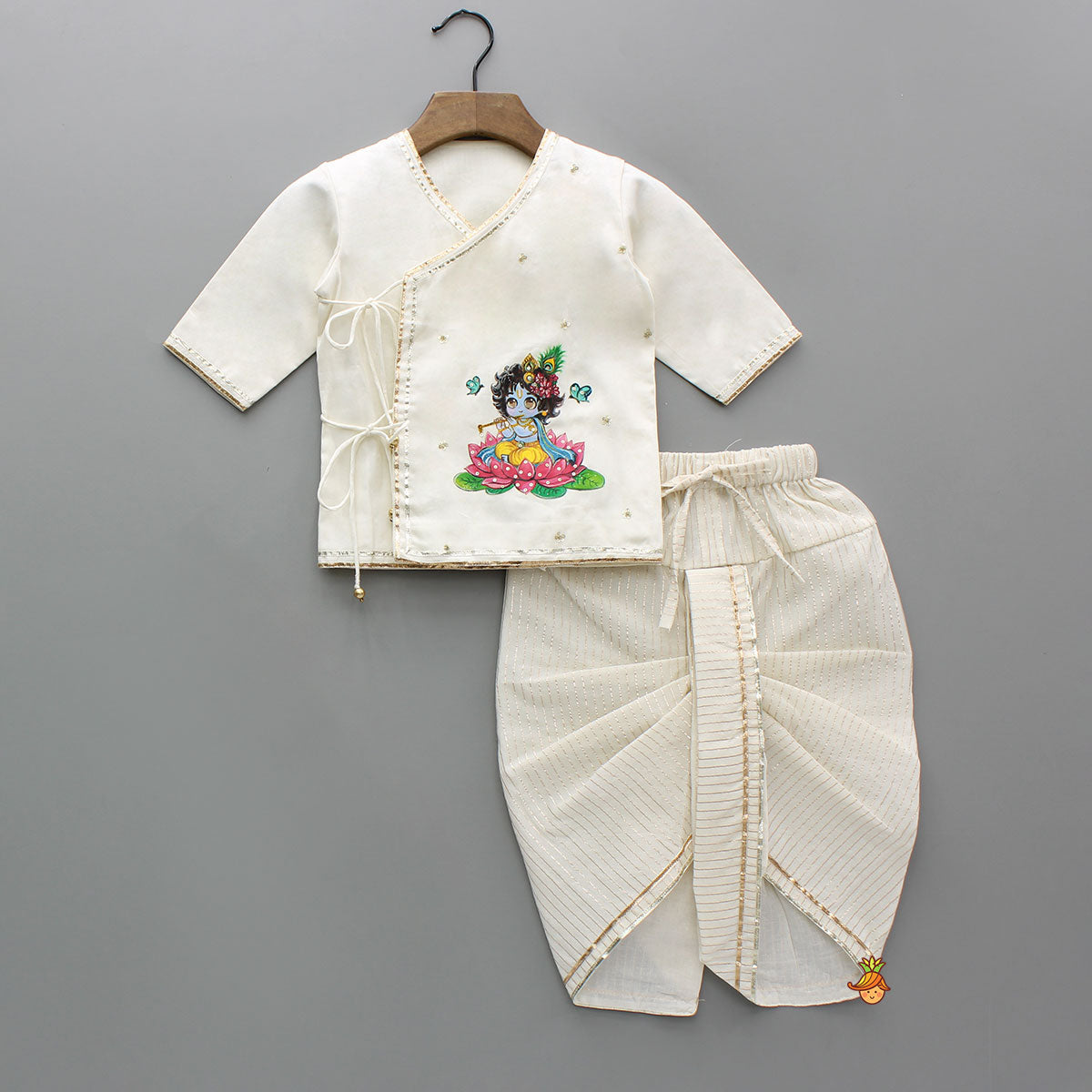 Beautiful Krishna Hand-Painted Off-White Kurta And Lurex Striped Dhoti With Mor Pankh Mukut And Basuri