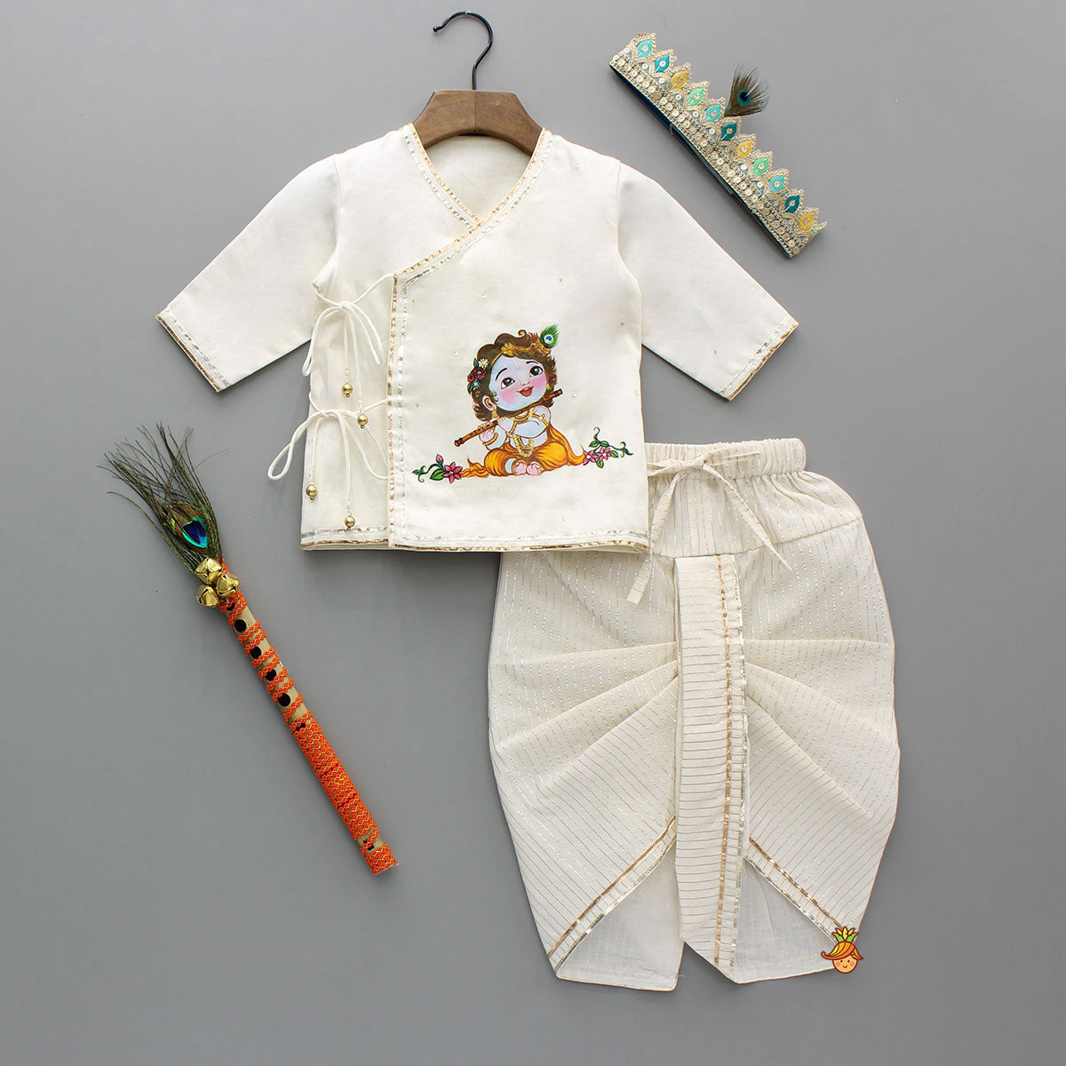 Krishna Hand-Painted Off-White Kurta And Lurex Striped Dhoti With Mor Pankh Mukut And Basuri