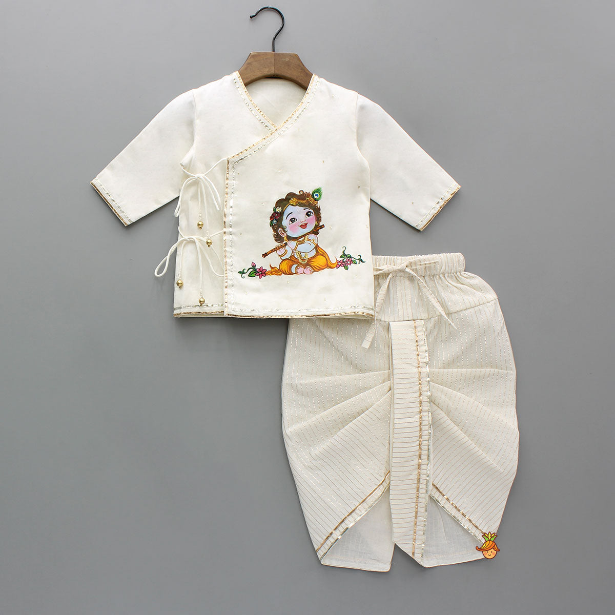 Krishna Hand-Painted Off-White Kurta And Lurex Striped Dhoti With Mor Pankh Mukut And Basuri
