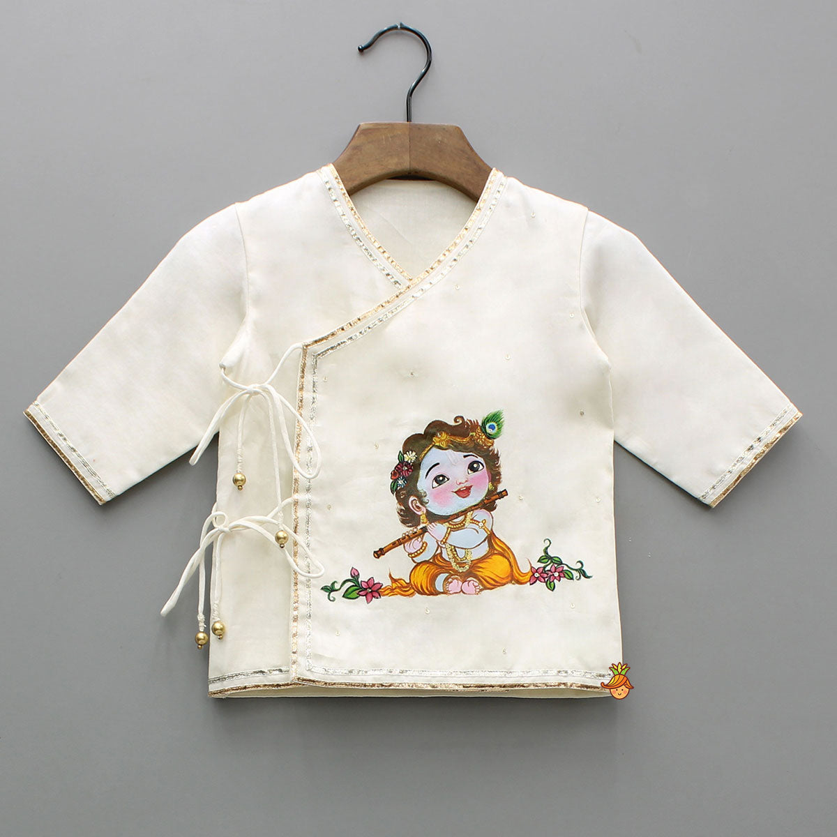 Krishna Hand-Painted Off-White Kurta And Lurex Striped Dhoti With Mor Pankh Mukut And Basuri