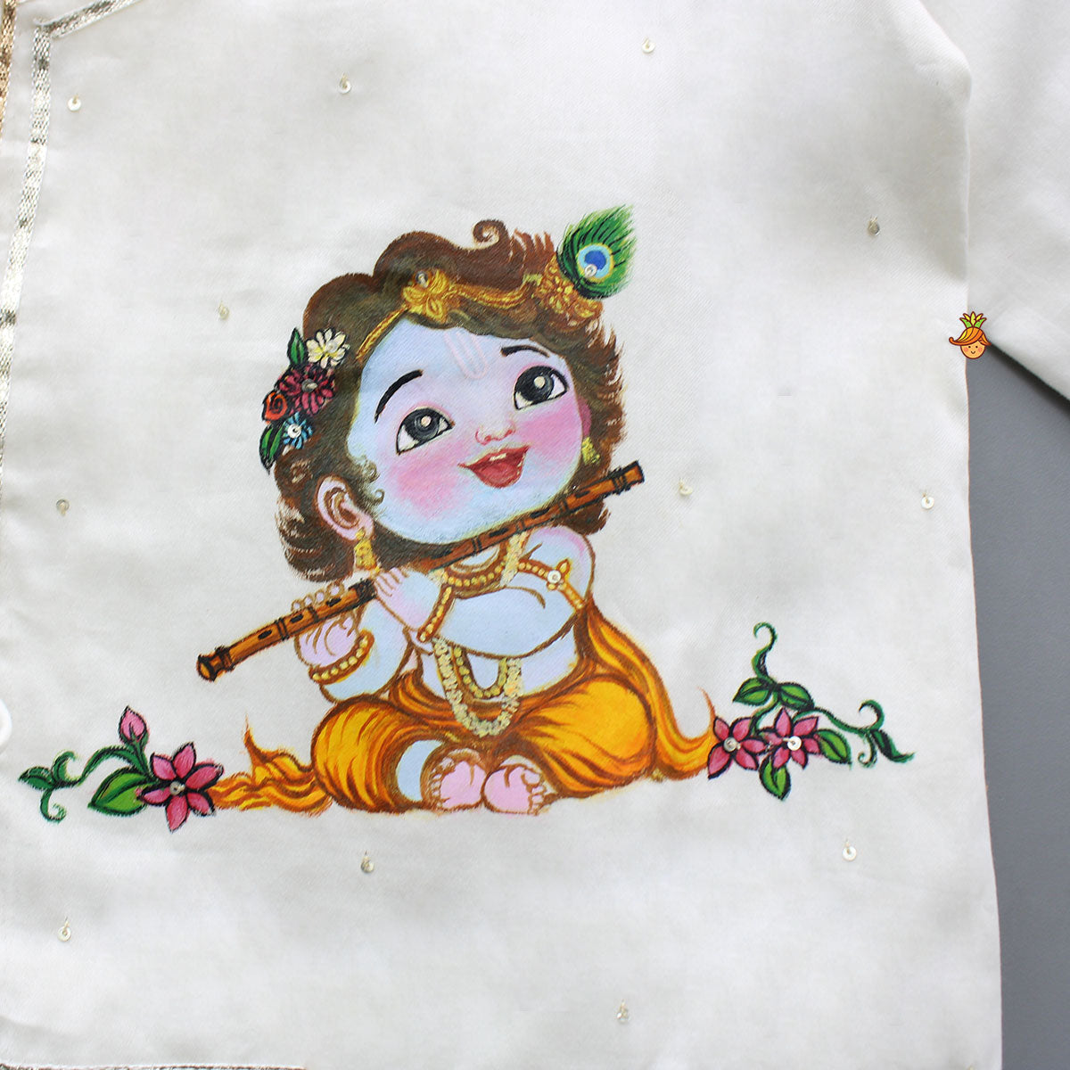 Krishna Hand-Painted Off-White Kurta And Lurex Striped Dhoti With Mor Pankh Mukut And Basuri