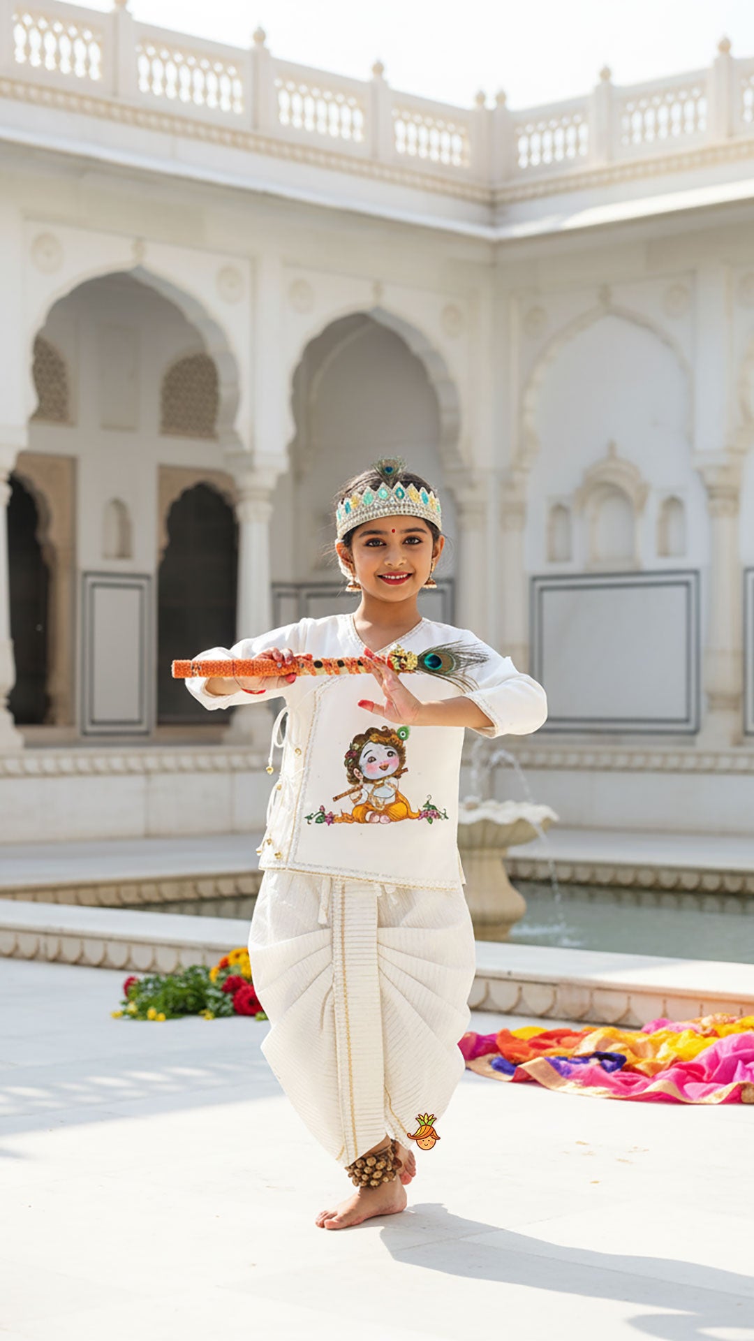 Krishna Hand-Painted Off-White Kurta And Lurex Striped Dhoti With Mor Pankh Mukut And Basuri