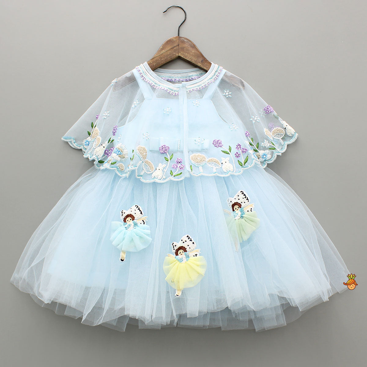 Sky Blue Strappy Dress With Embroidered Cape