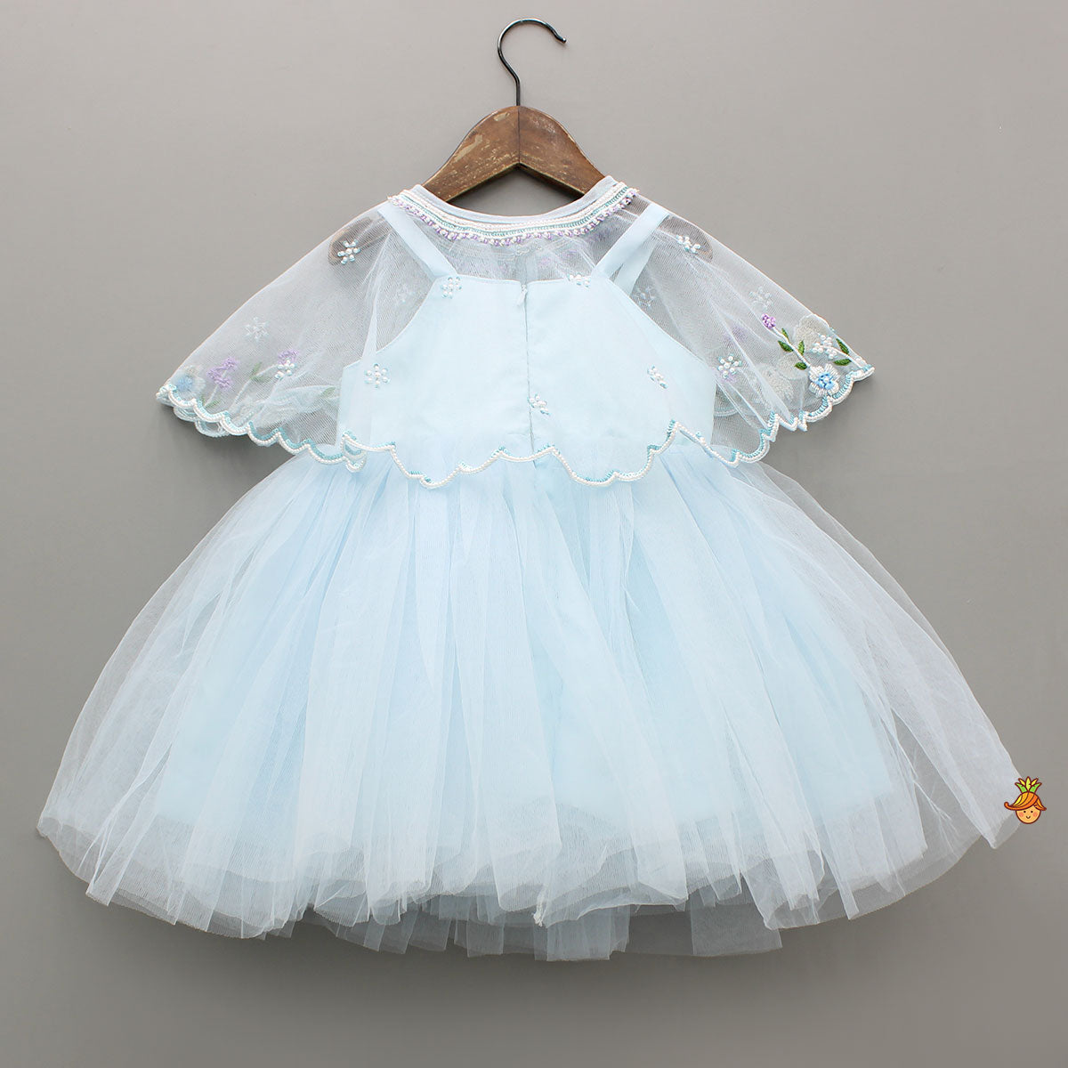 Sky Blue Strappy Dress With Embroidered Cape