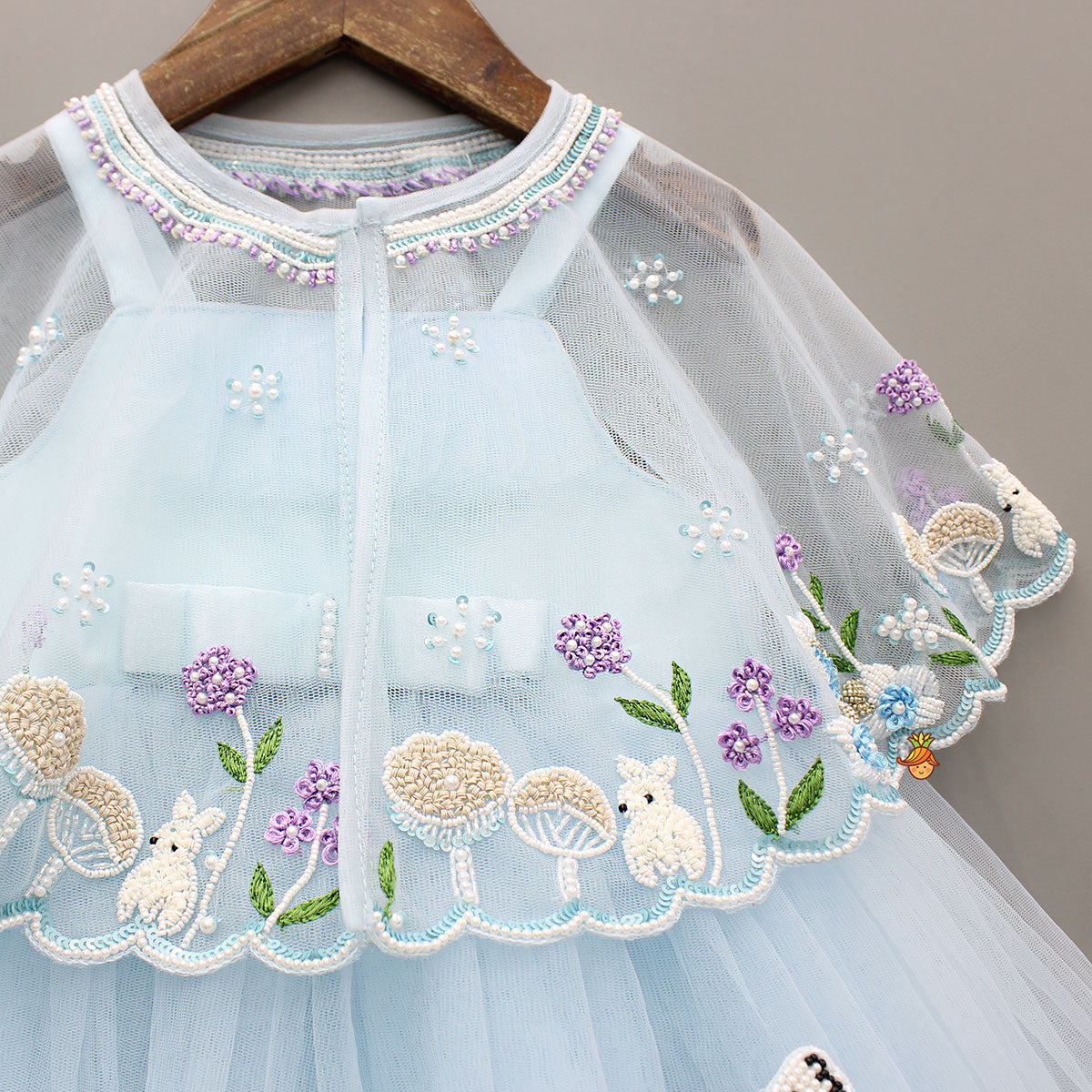 Sky Blue Strappy Dress With Embroidered Cape