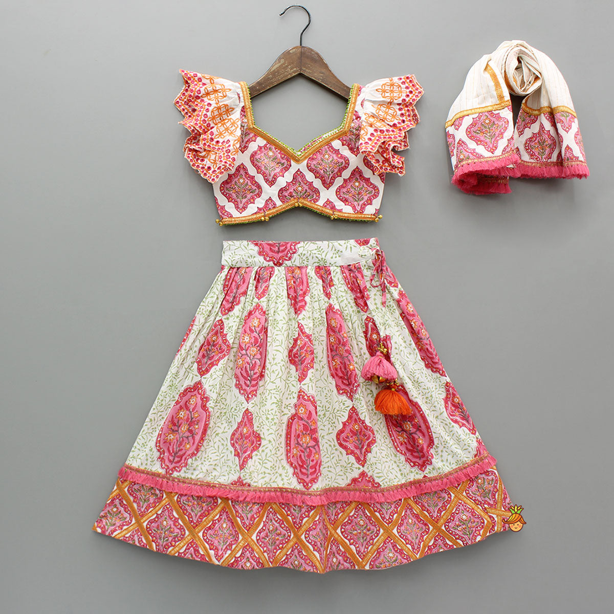 Beautiful Cotton Printed Top With Printed Lehenga And Dupatta