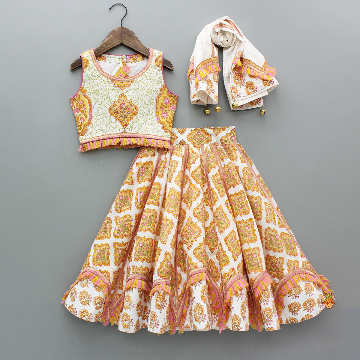 Stylish Cotton Printed Top With Printed Lehenga And Dupatta