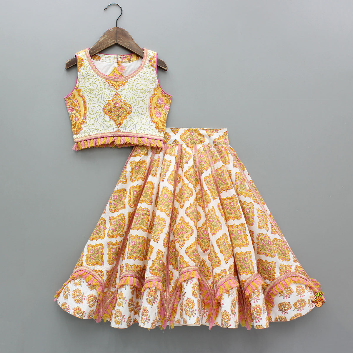 Stylish Cotton Printed Top With Printed Lehenga And Dupatta