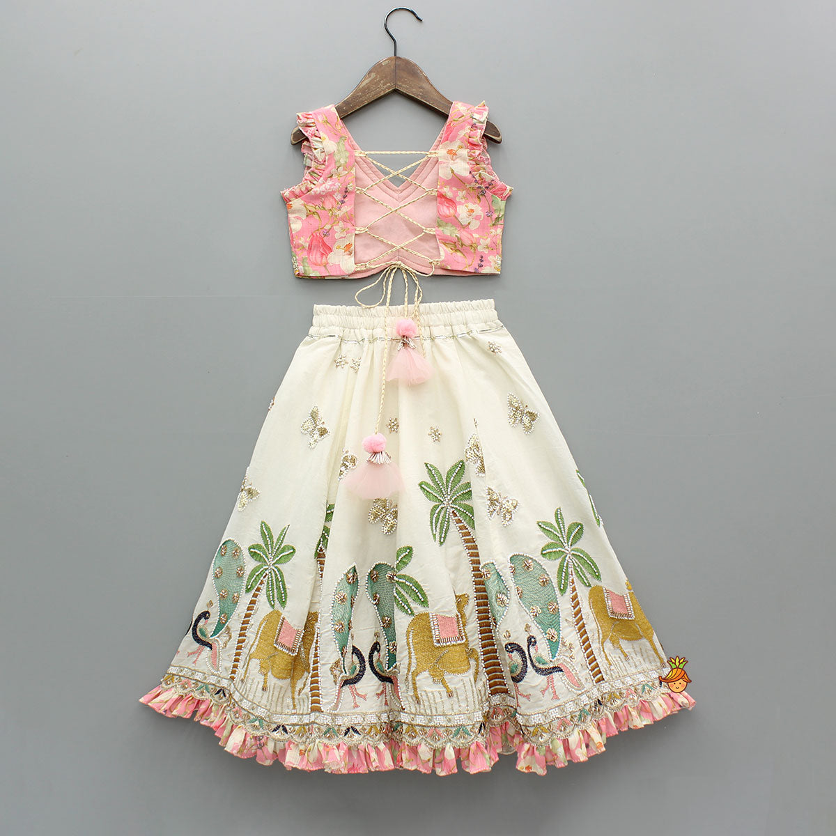 Stunning Pink Floral Printed Top With Embroidered Lehenga And Dupatta