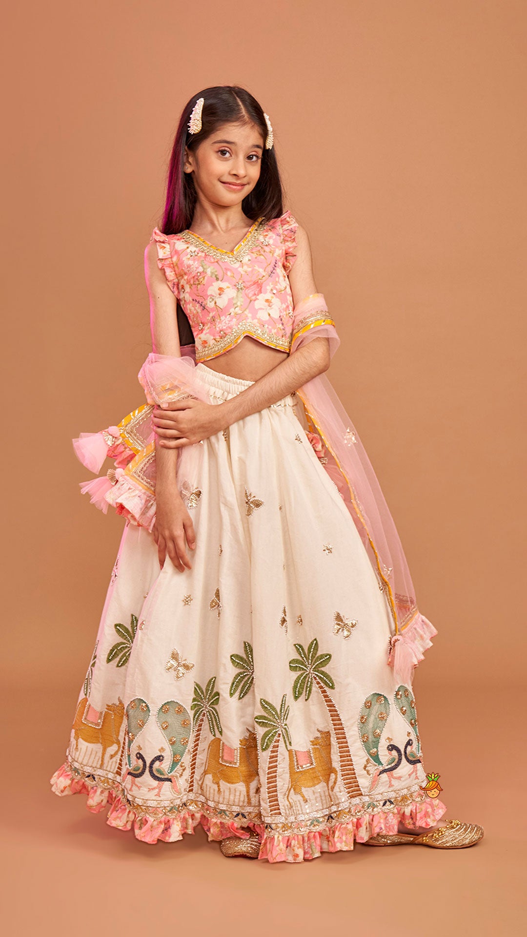 Stunning Pink Floral Printed Top With Embroidered Lehenga And Dupatta