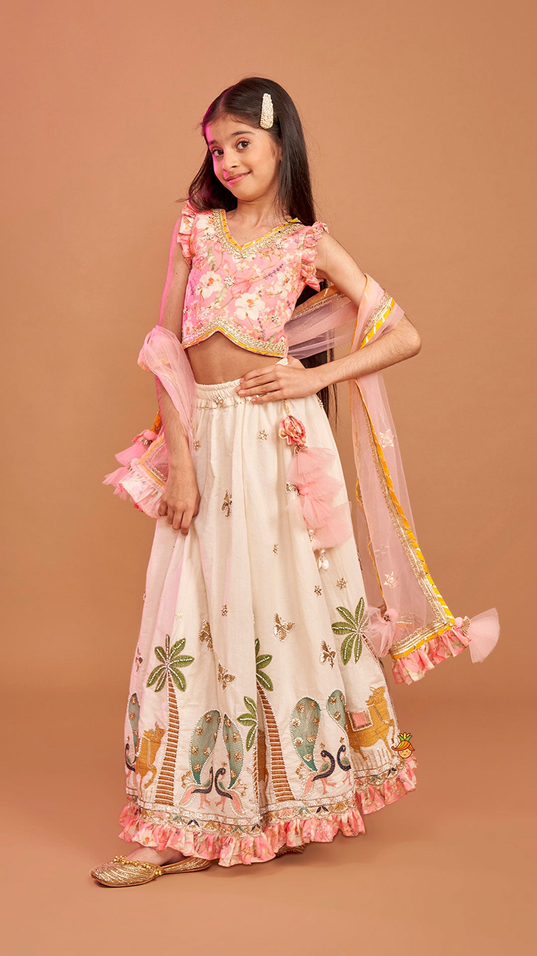 Stunning Pink Floral Printed Top With Embroidered Lehenga And Dupatta