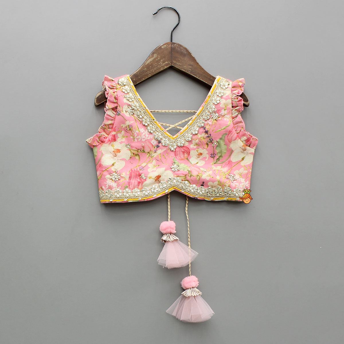 Stunning Pink Floral Printed Top With Embroidered Lehenga And Dupatta