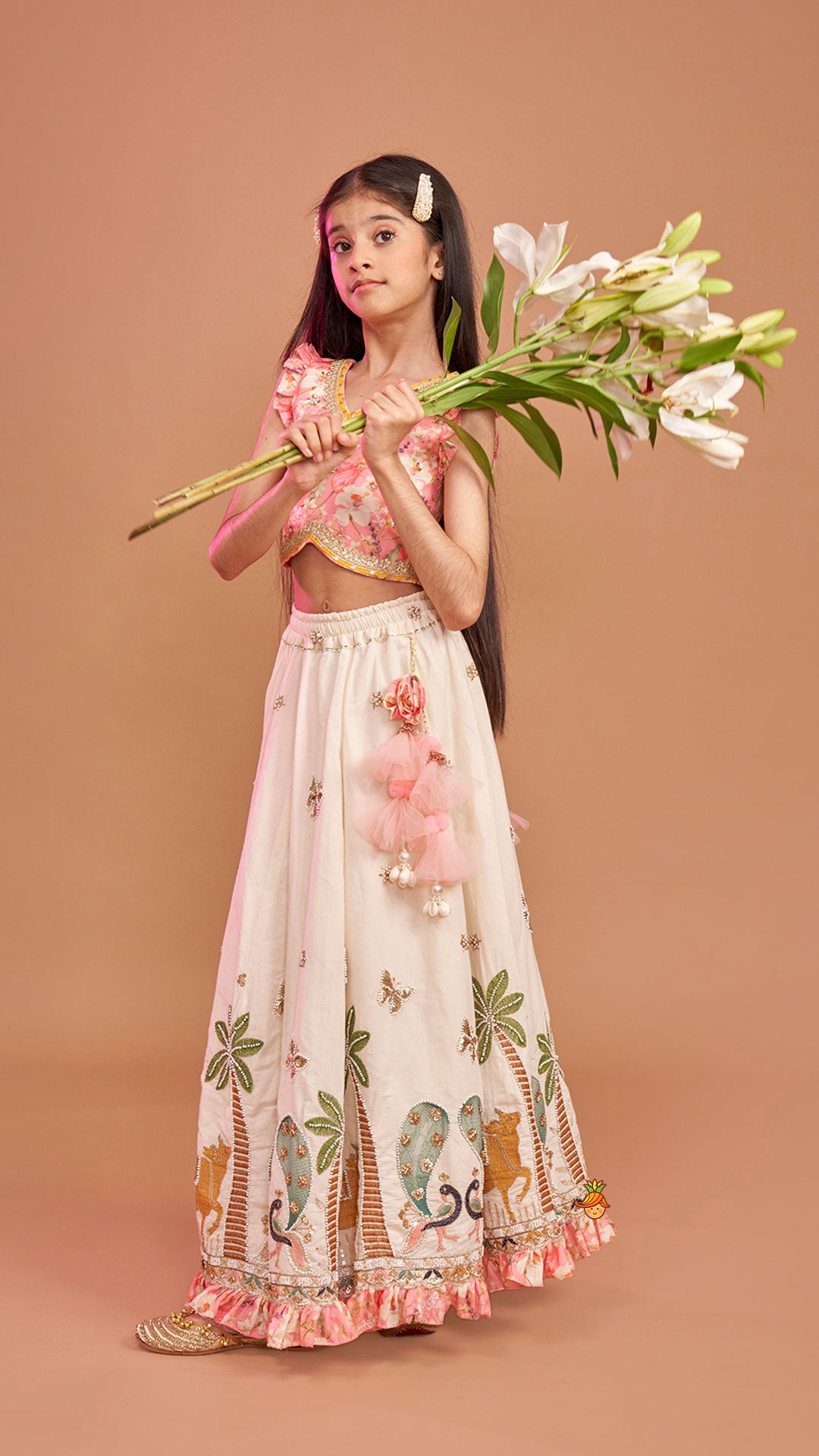 Stunning Pink Floral Printed Top With Embroidered Lehenga And Dupatta