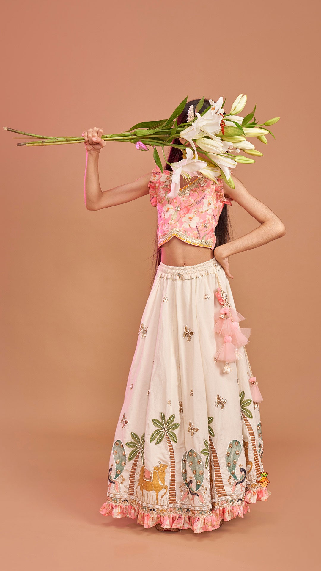 Stunning Pink Floral Printed Top With Embroidered Lehenga And Dupatta
