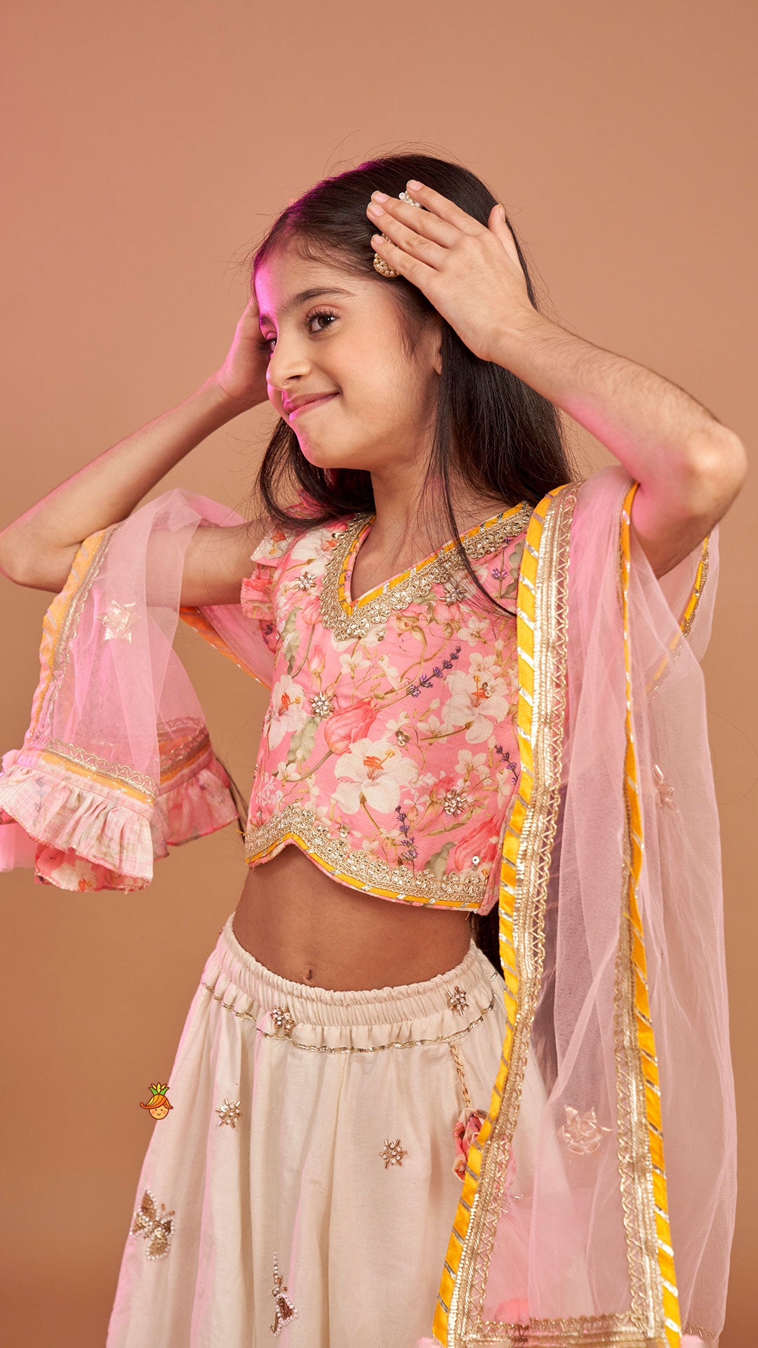 Stunning Pink Floral Printed Top With Embroidered Lehenga And Dupatta
