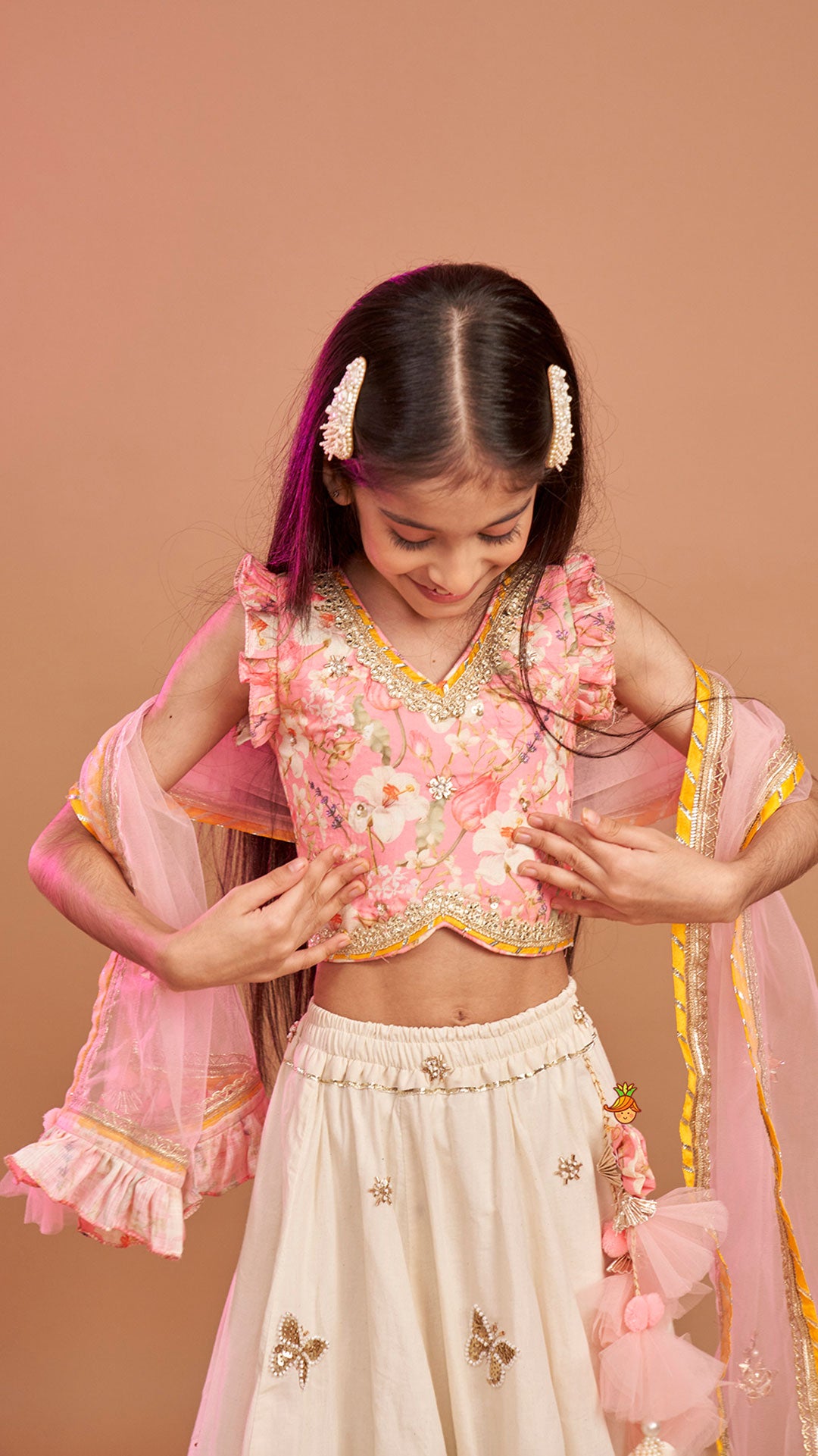 Stunning Pink Floral Printed Top With Embroidered Lehenga And Dupatta