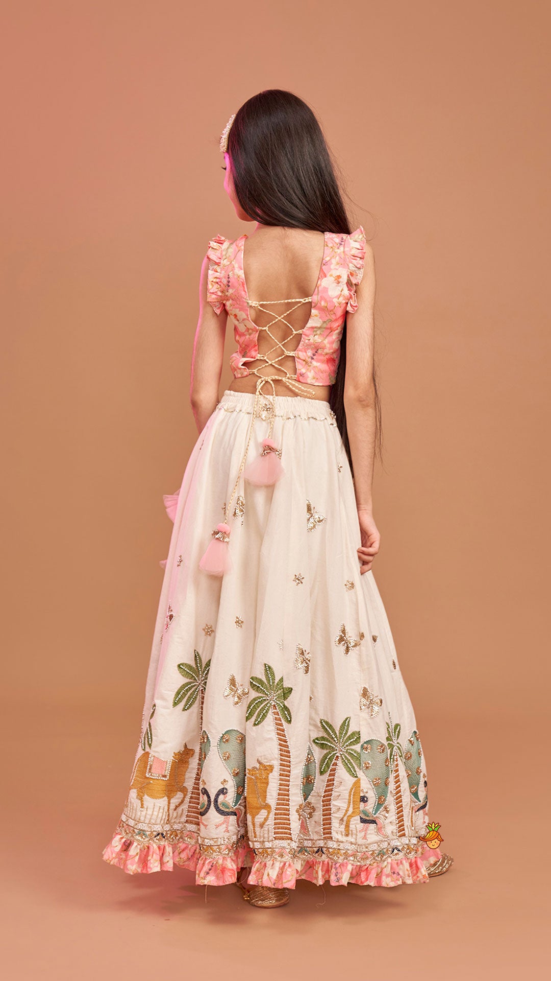 Stunning Pink Floral Printed Top With Embroidered Lehenga And Dupatta