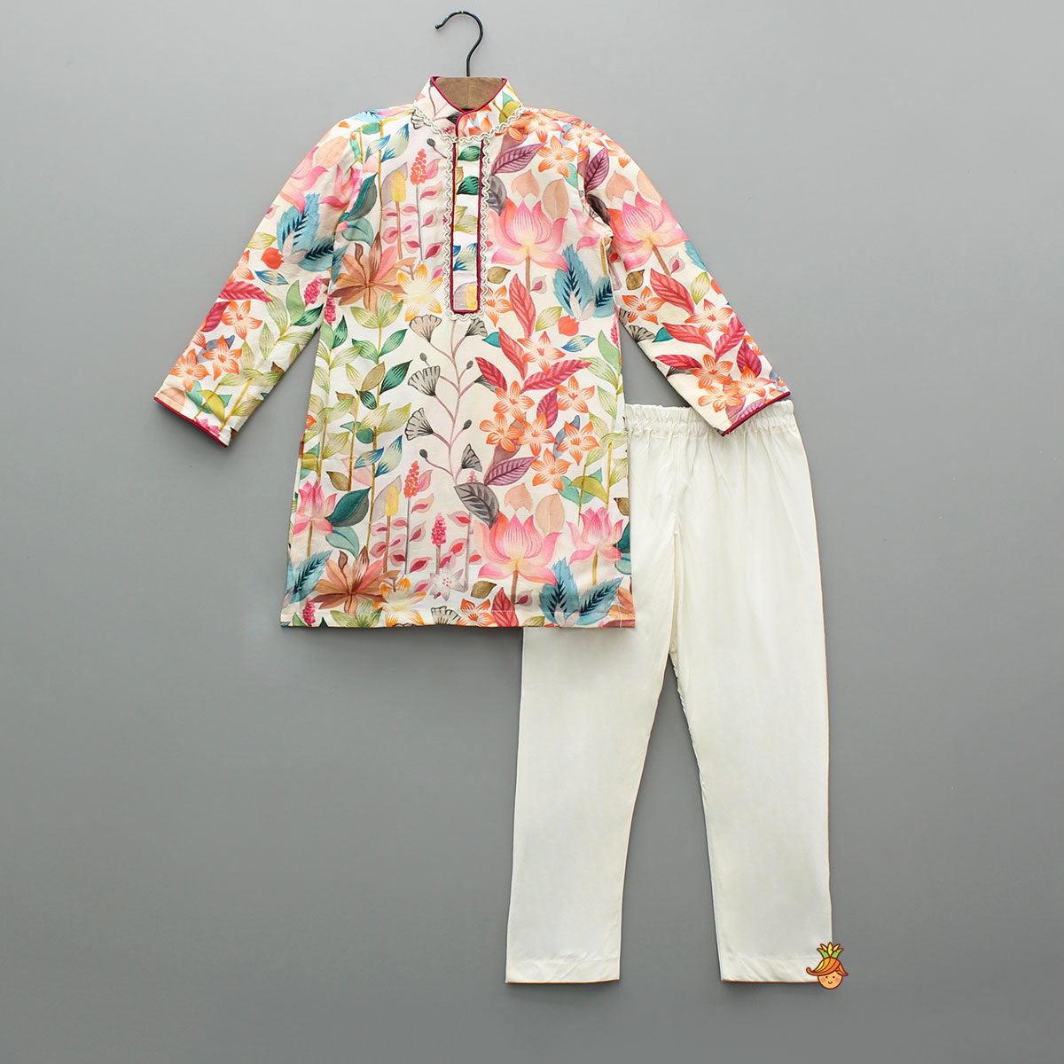 Floral Print Silk Kurta With Pyjama