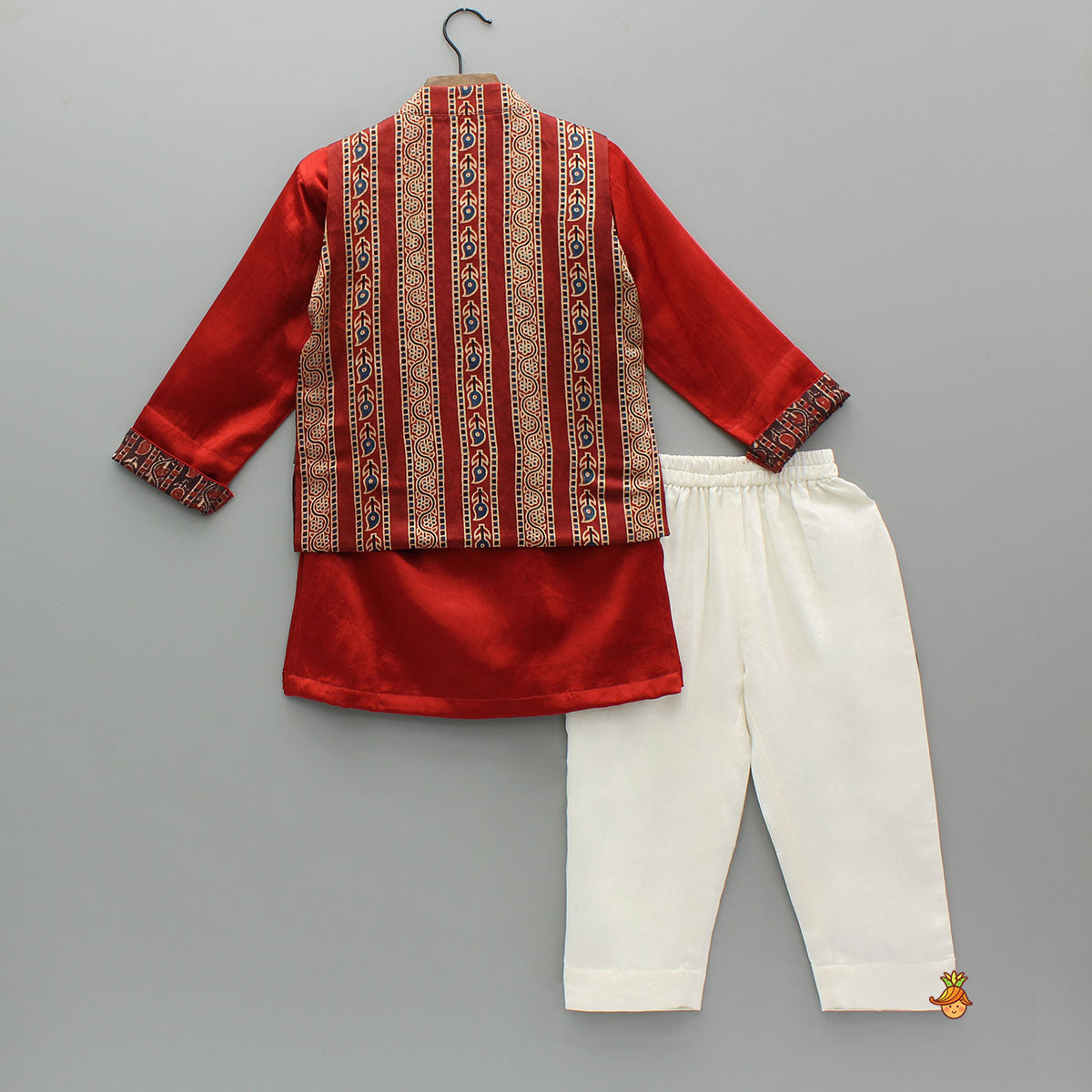 Red Kurta With Printed Jacket And Off White Pyjama